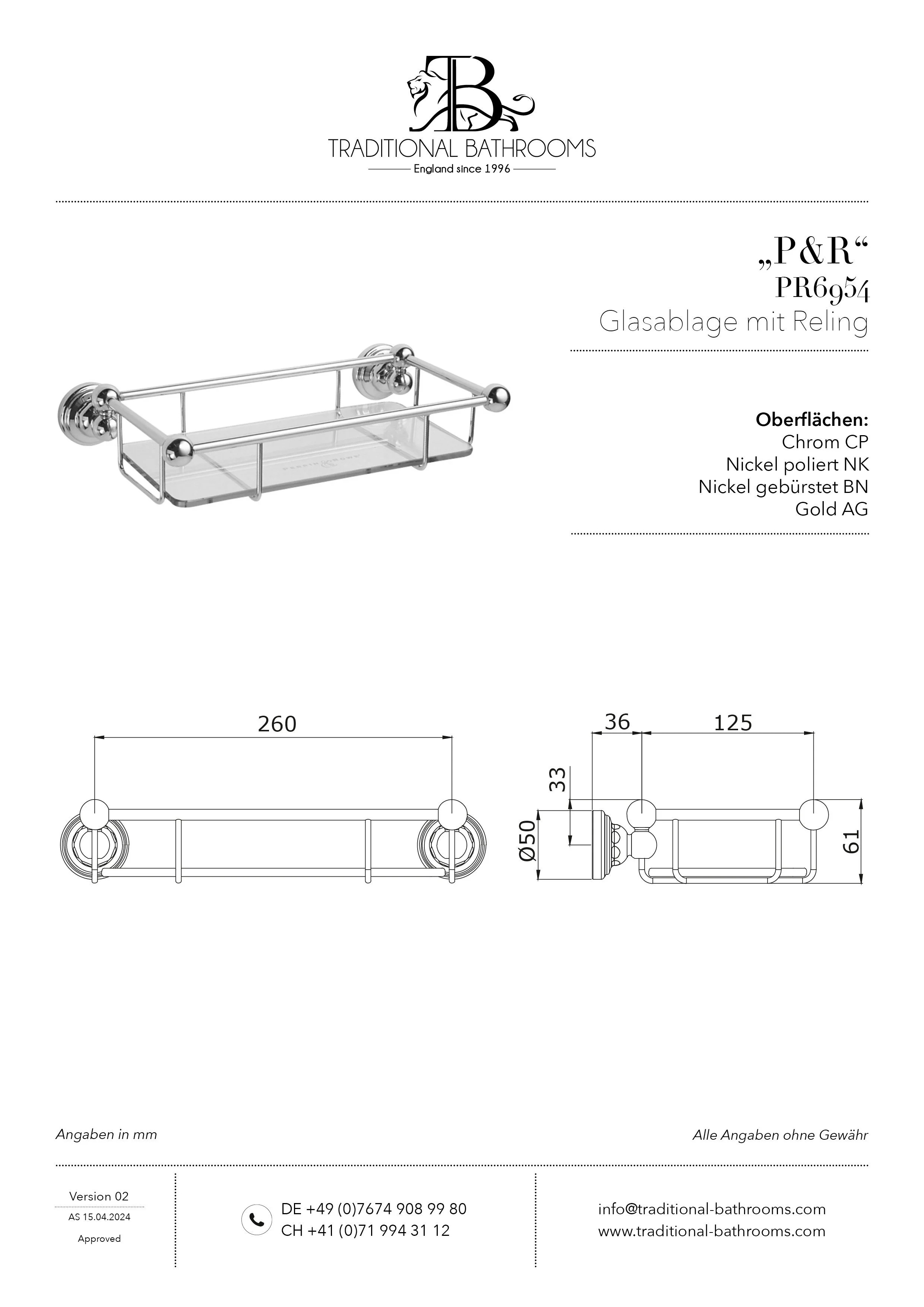 Technisches Datenblatt für Perrin & Rowe PR6954 Glas-Ablage mit Reling, Länge: 310mm.