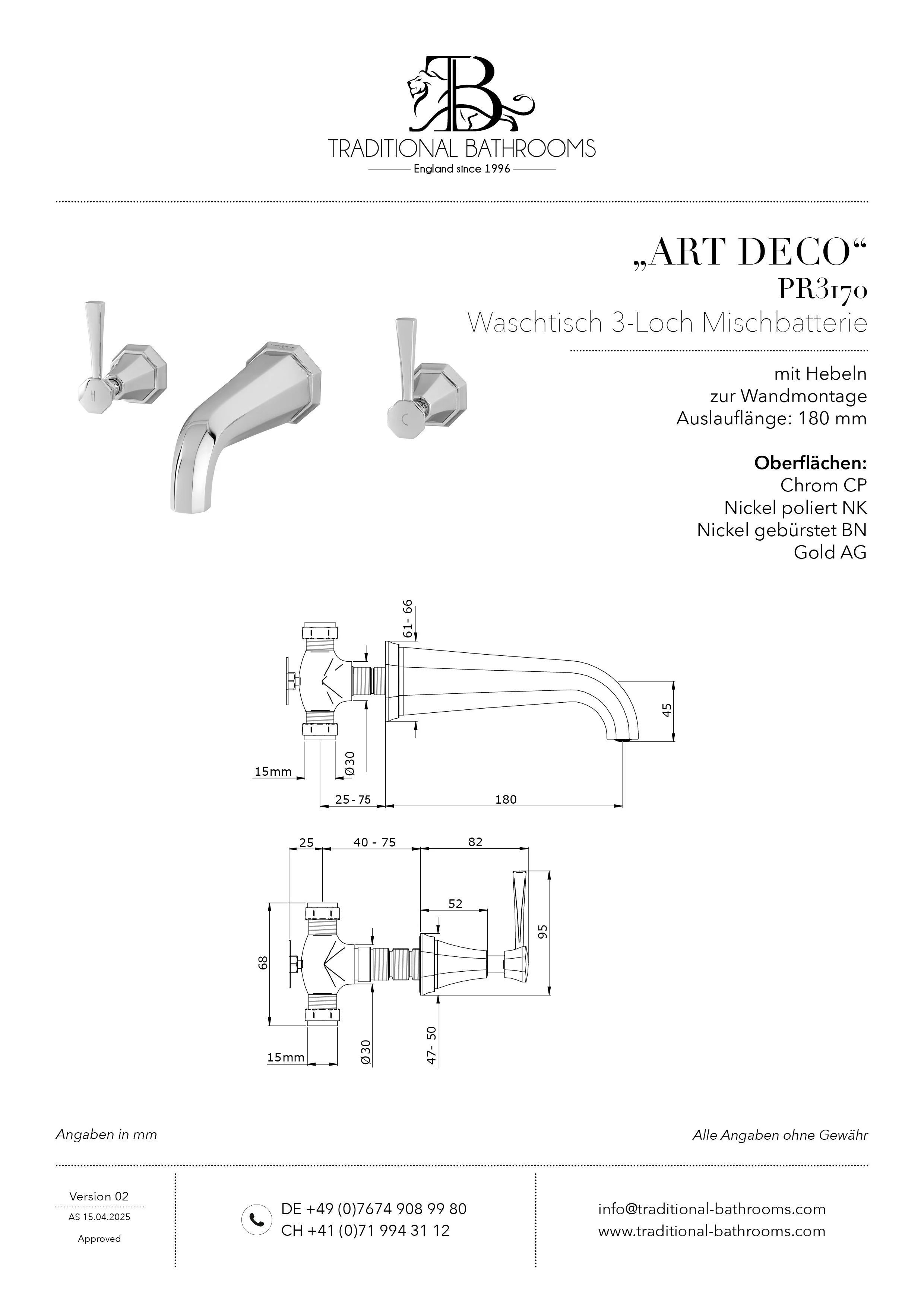 Technisches Datenblatt für Perrin & Rowe PR3170 ART DECO Waschtisch 3-Loch Mischbatterie mit Hebeln, Wandmontage.