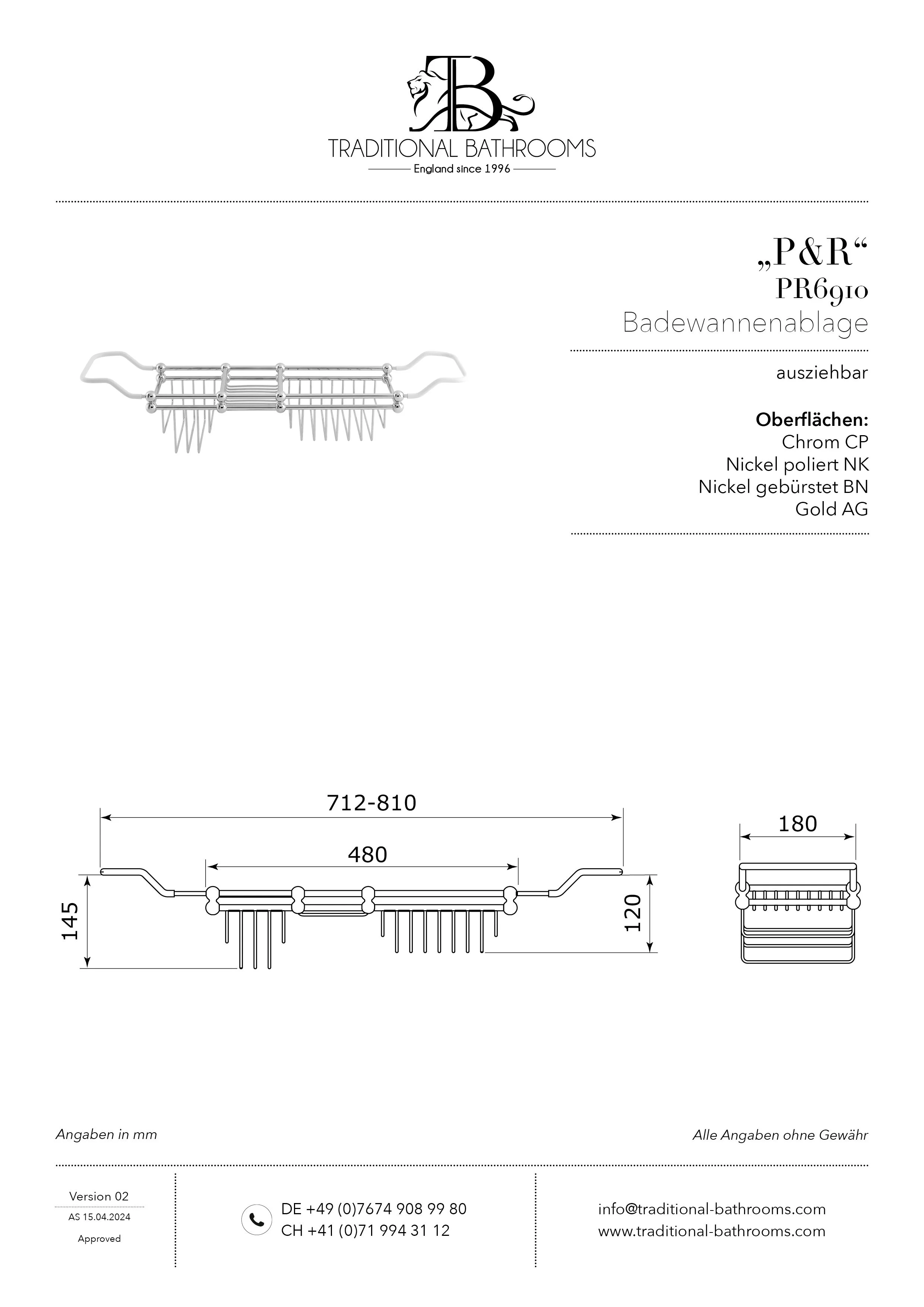 Technisches Datenblatt für Perrin & Rowe PR6910 Badewannen-Ablage, ausziehbar, Grösse: 712-810 x 180mm