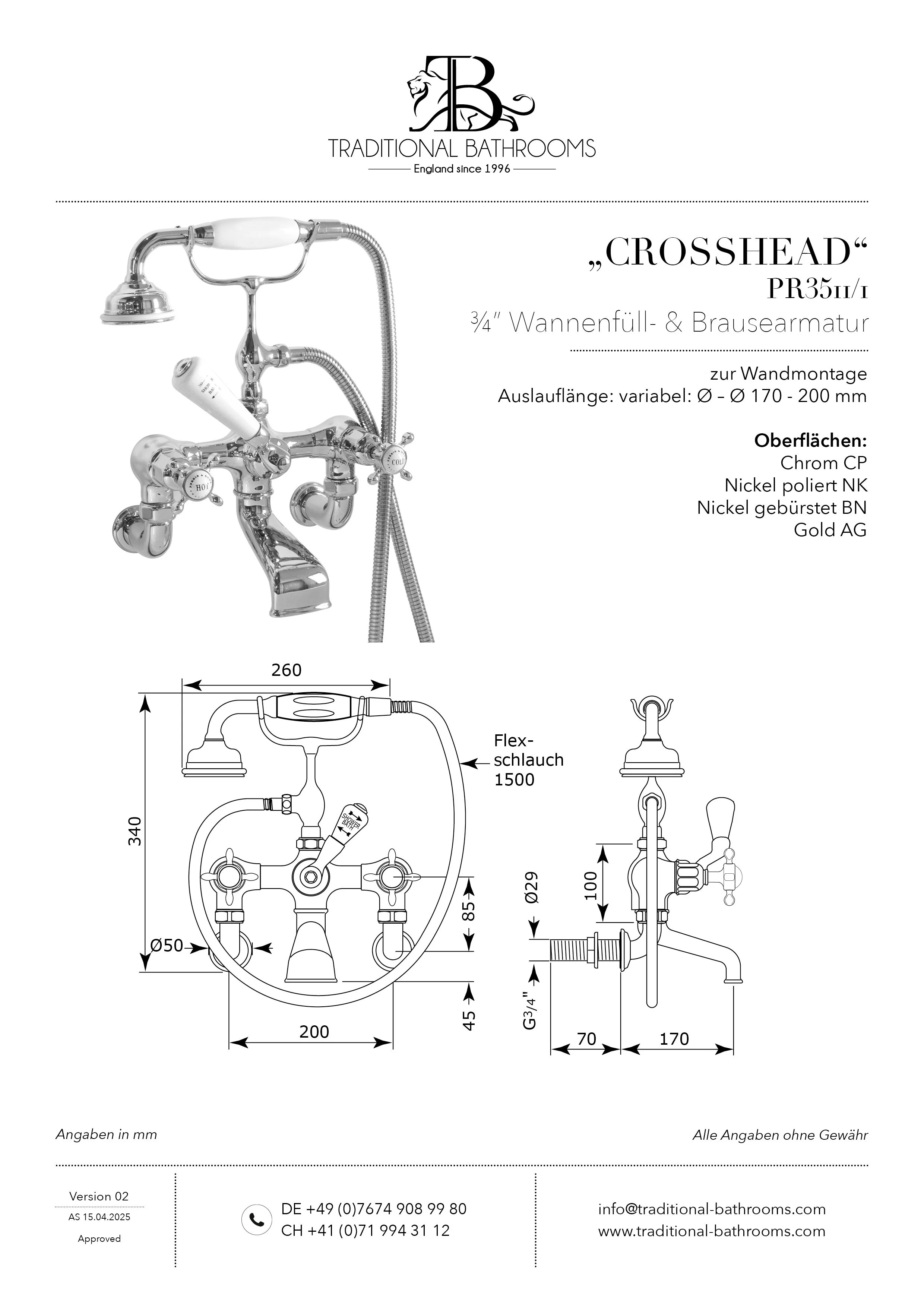 Technisches Datenblatt für Perrin & Rowe PR3511/1 CROSSHEAD ¾“ Wannenfüll- und Brausearmatur mit Kreuzgriffen, Umschalter mit weissem Porzellanhebel, zur Wandmontage.