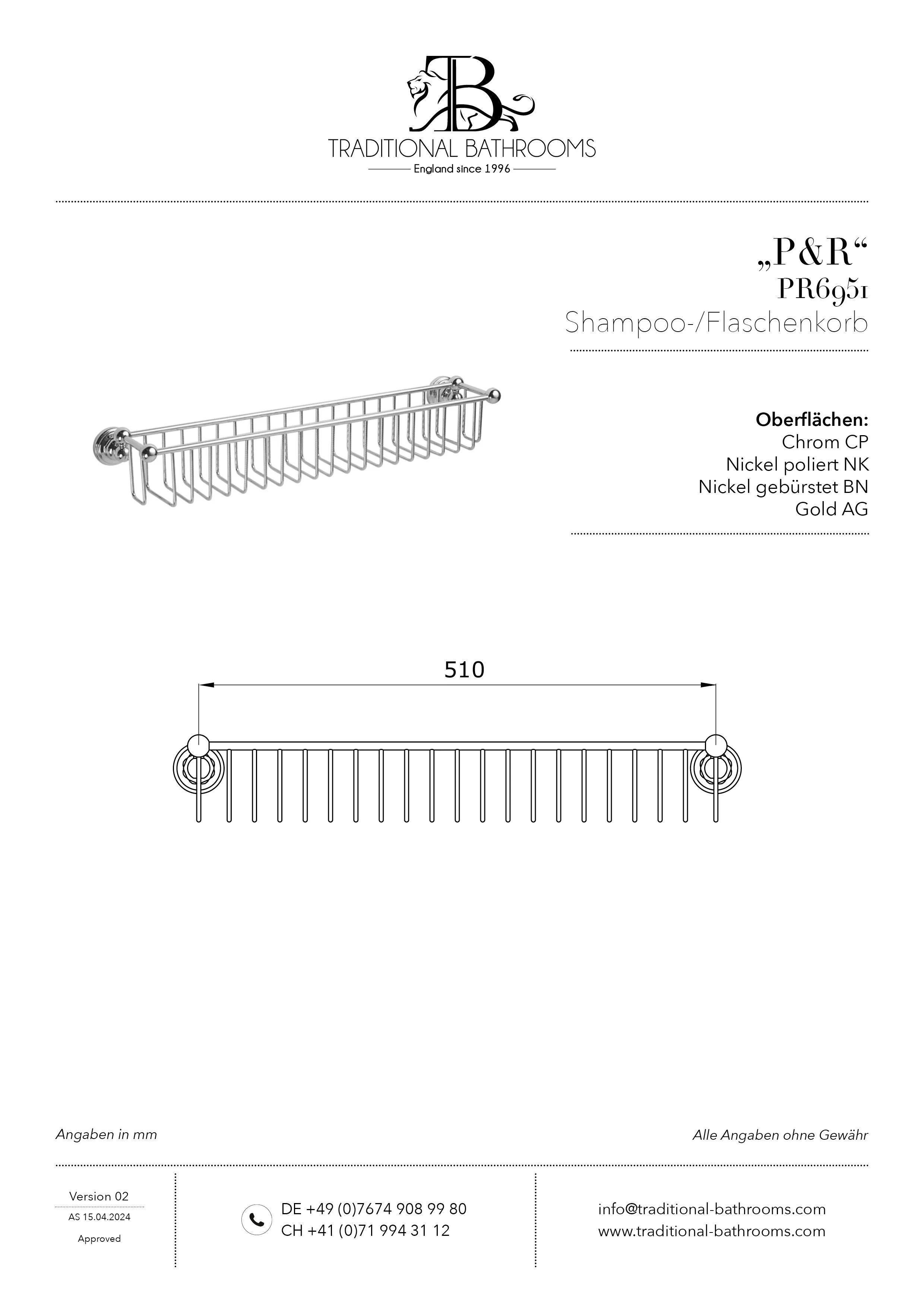 Technisches Datenblatt für Perrin & Rowe PR6951 Shampoo- / Flaschenkorb, Grösse: L560 x T125mm.