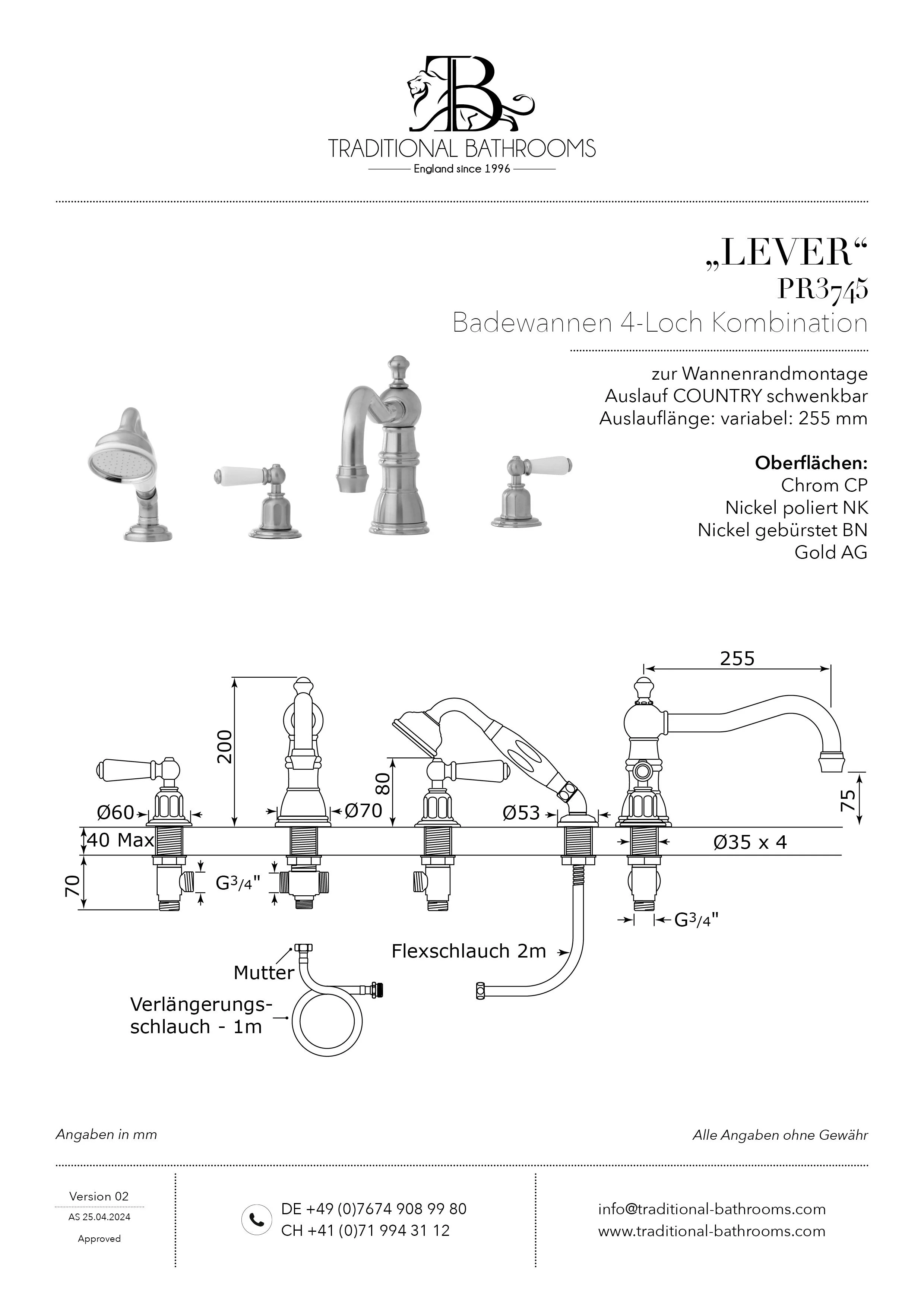 Technisches Datenblatt für Perrin & Rowe PR3745 LEVER ¾“ Badewannen 4-Loch Kombination mit weissen Porzellanhebeln, mit Auslauf COUNTRY (schwenkbar), zur Wannenrandmontage.