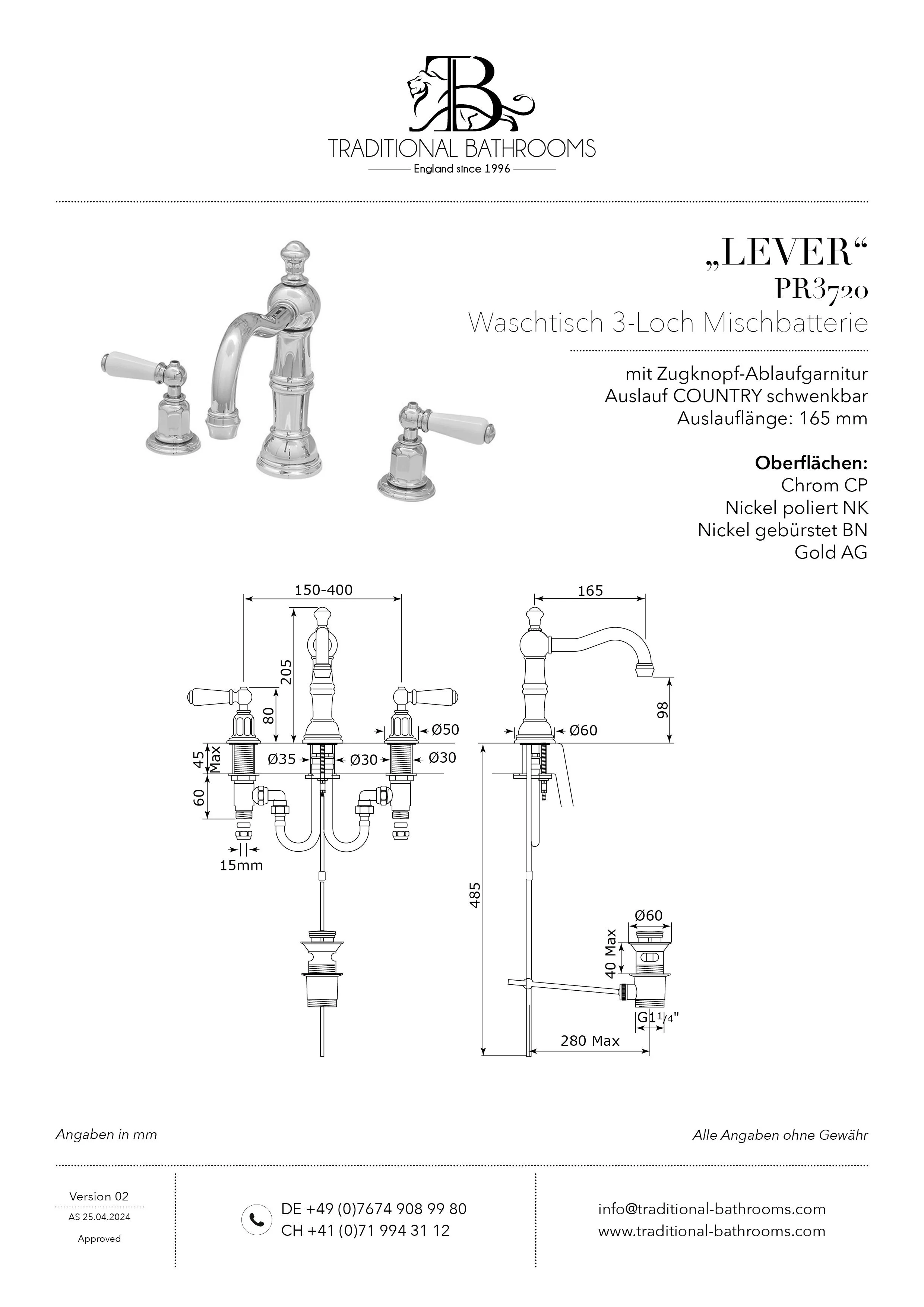 Technisches Datenblatt für Perrin & Rowe PR3720 LEVER Waschtisch 3-Loch Mischbatterie.