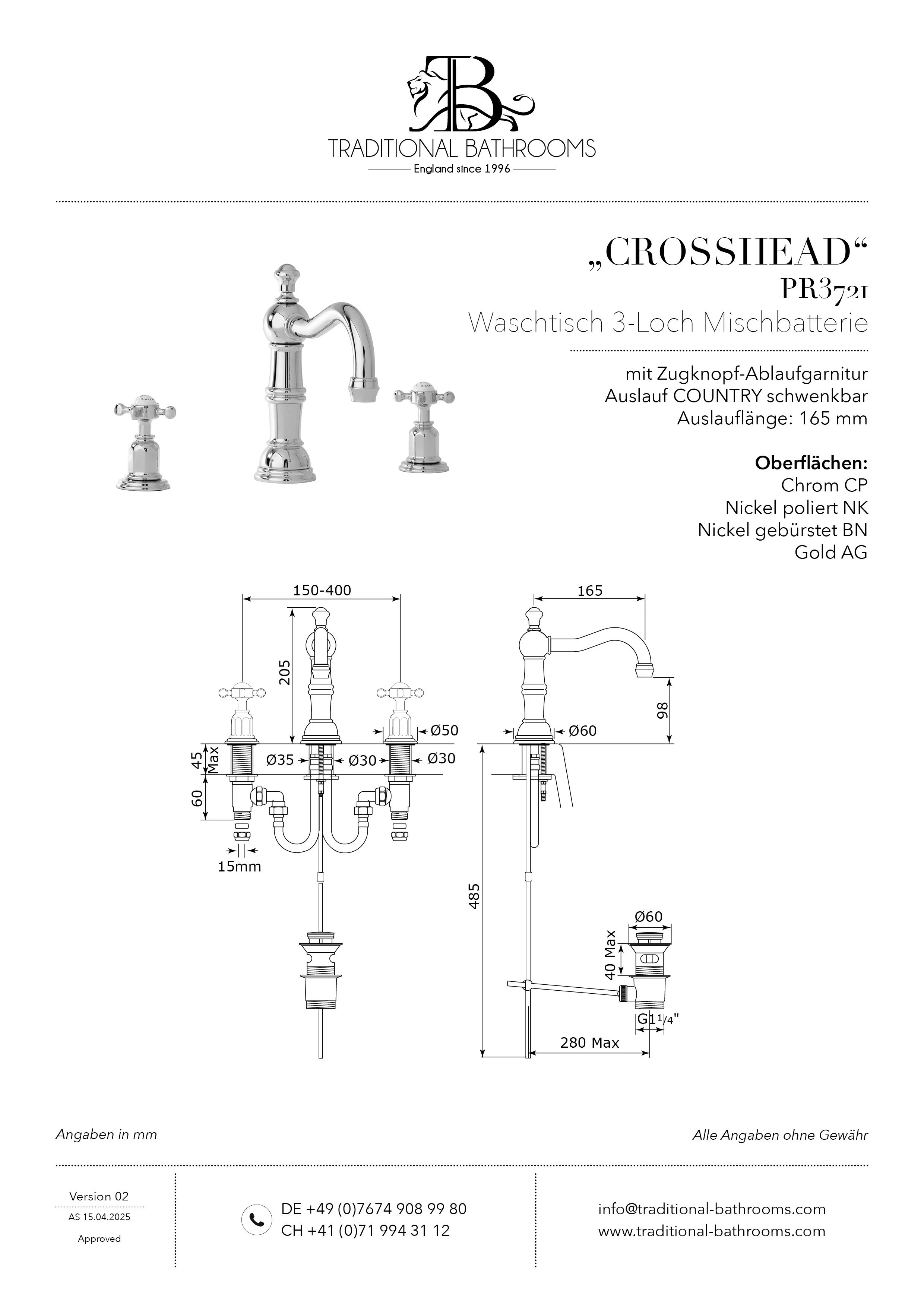 Technisches Datenblatt für Perrin & Rowe PR3721 CROSSHEAD Waschtisch 3-Loch Mischbatterie mit Kreuzgriffen.