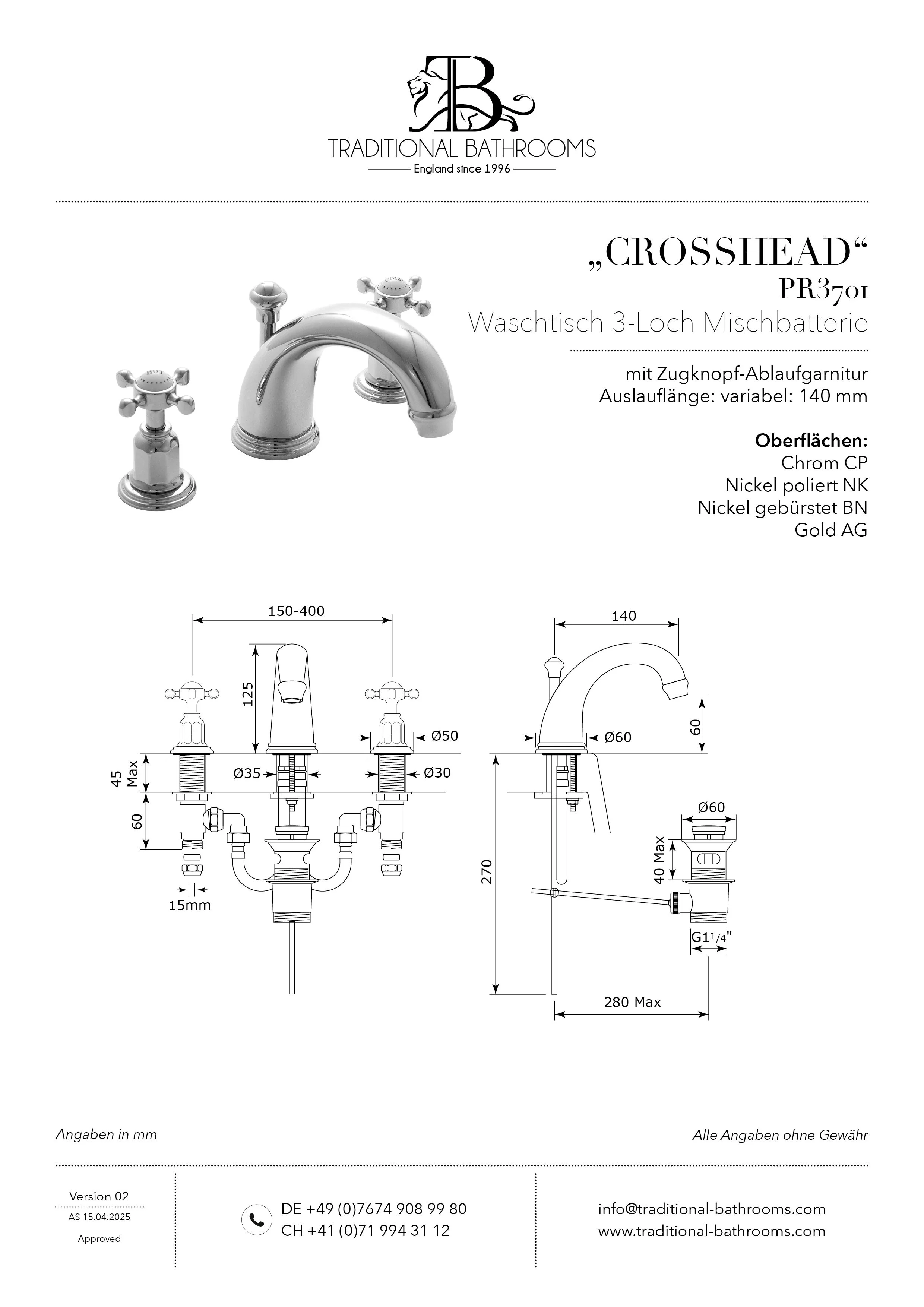 Technisches Datenblatt für Perrin & Rowe PR3701 CROSSHEAD Waschtisch 3-Loch Mischbatterie