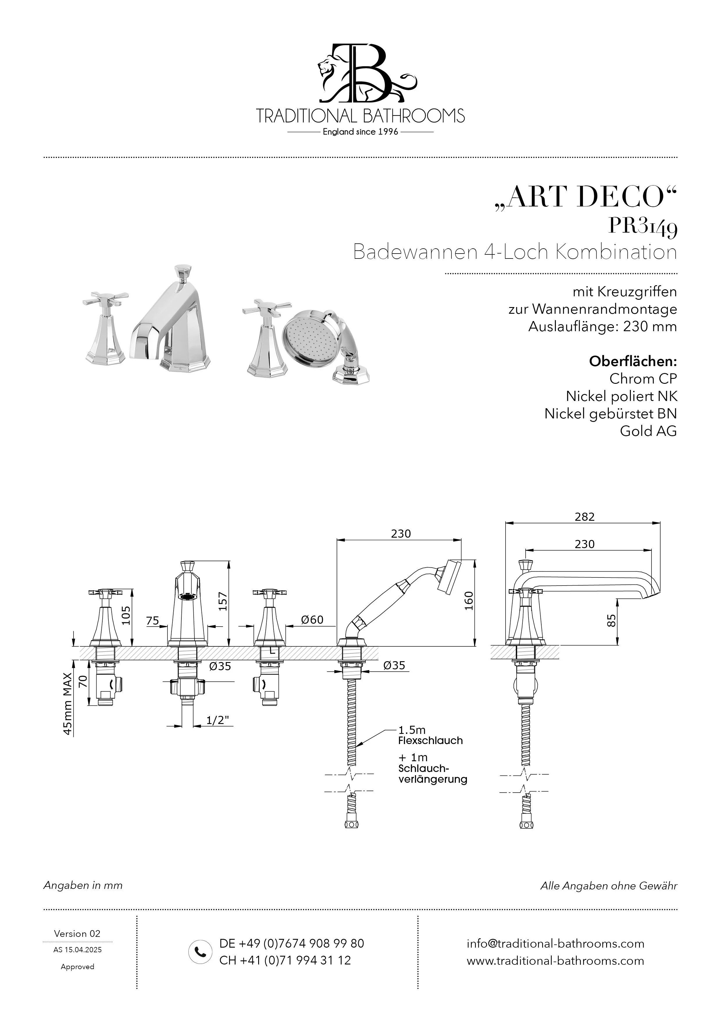 Technisches Datenblatt für Perrin & Rowe PR3149 ART DECO ¾“ Badewannen 4-Loch Kombination mit Kreuzgriffen, zur Wannenrandmontage.