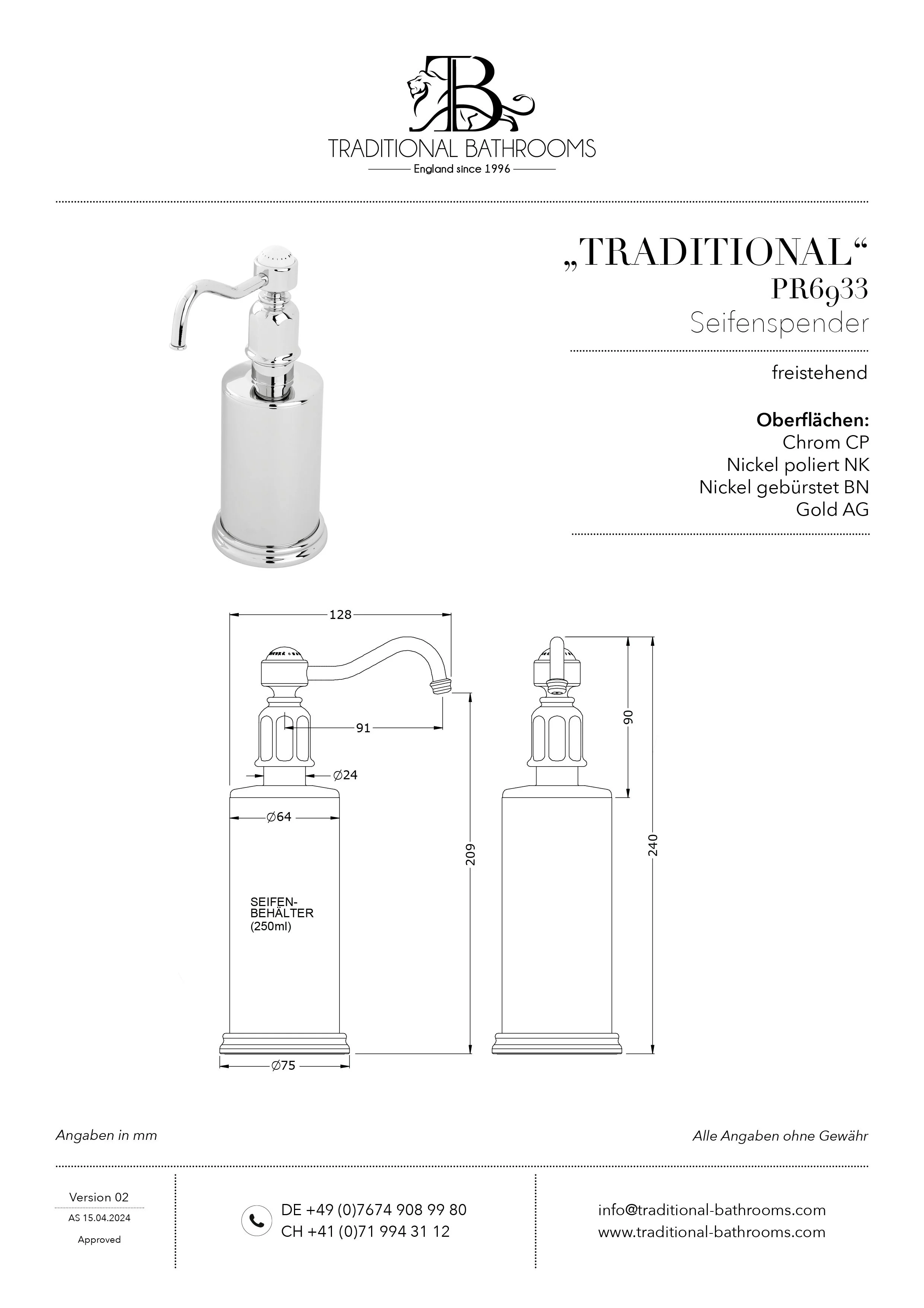 Technisches Datenblatt für Perrin & Rowe PR6933 Seifenspender TRADITIONAL, freistehend.