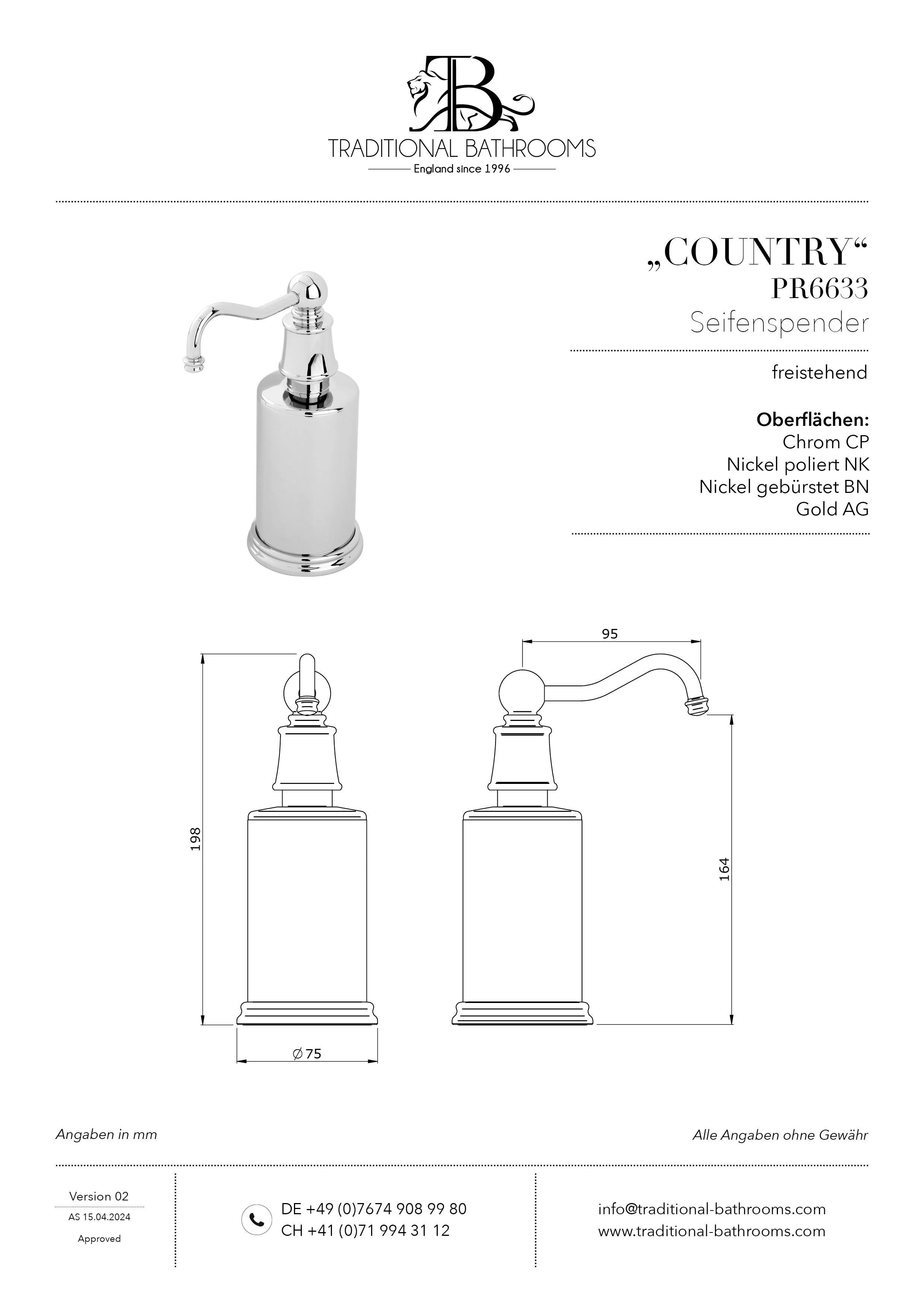Technisches Datenblatt für Perrin & Rowe PR6633 Seifenspender COUNTRY, freistehend, Ø 75mm.