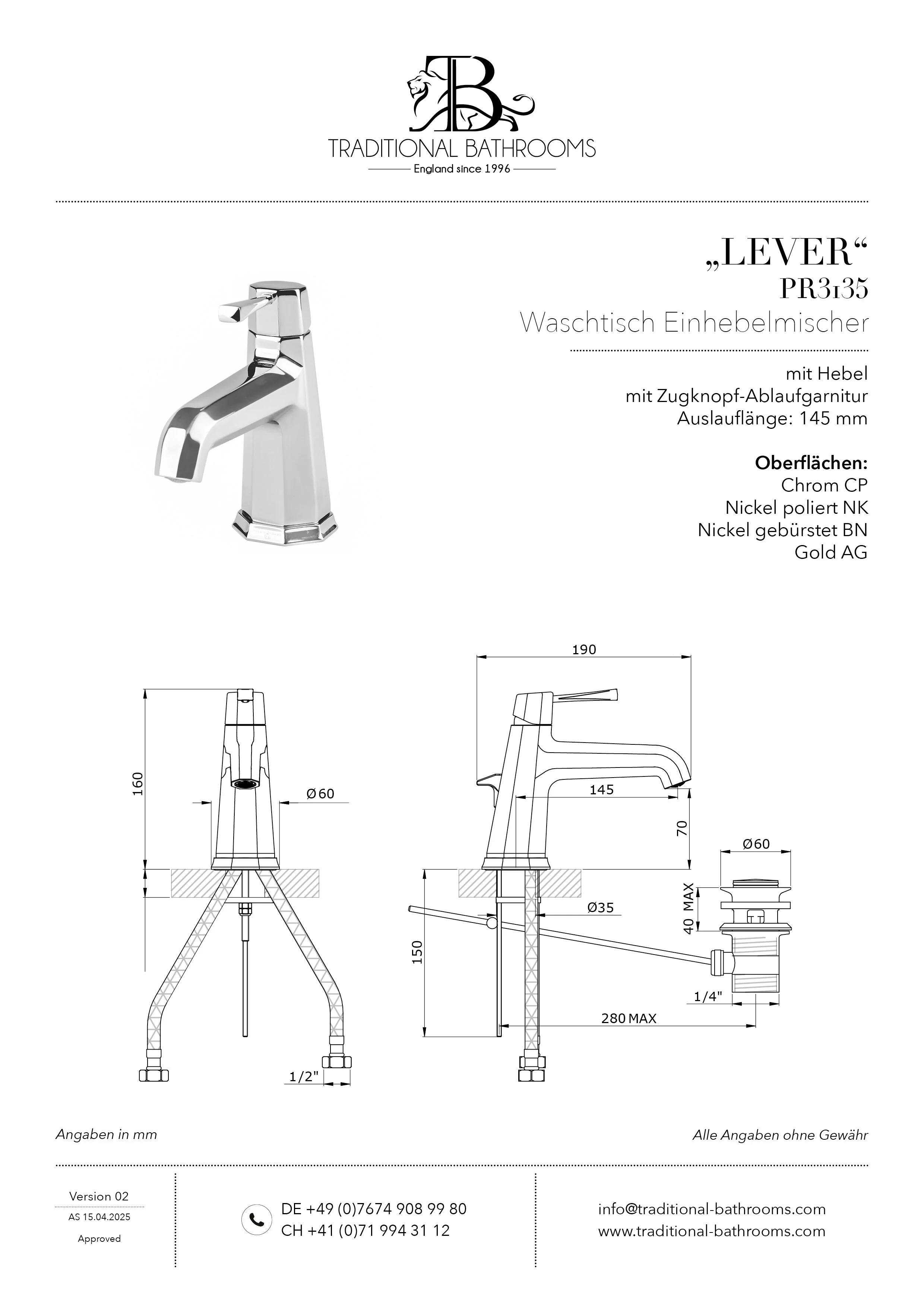 Technisches Datenblatt für errin & Rowe PR3135 ART DECO Einhebelmischer mit Metallhebel, inkl. Zugknopf-Ablaufgarnitur, Auslauflänge: 140mm.