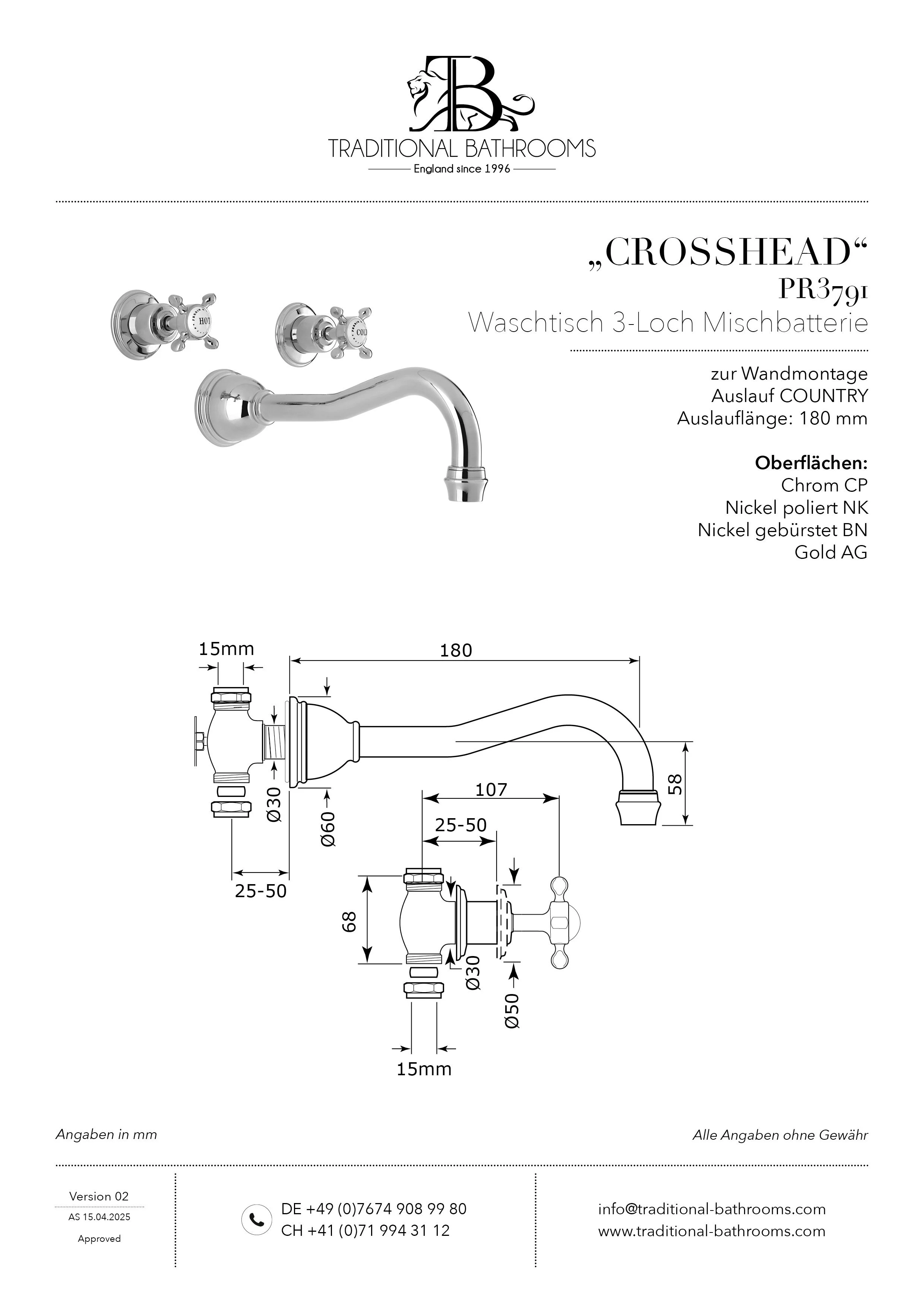 Technisches Datenblatt für Perrin & Rowe PR3791 CROSSHEAD Waschtisch 3-Loch Mischbatterie.