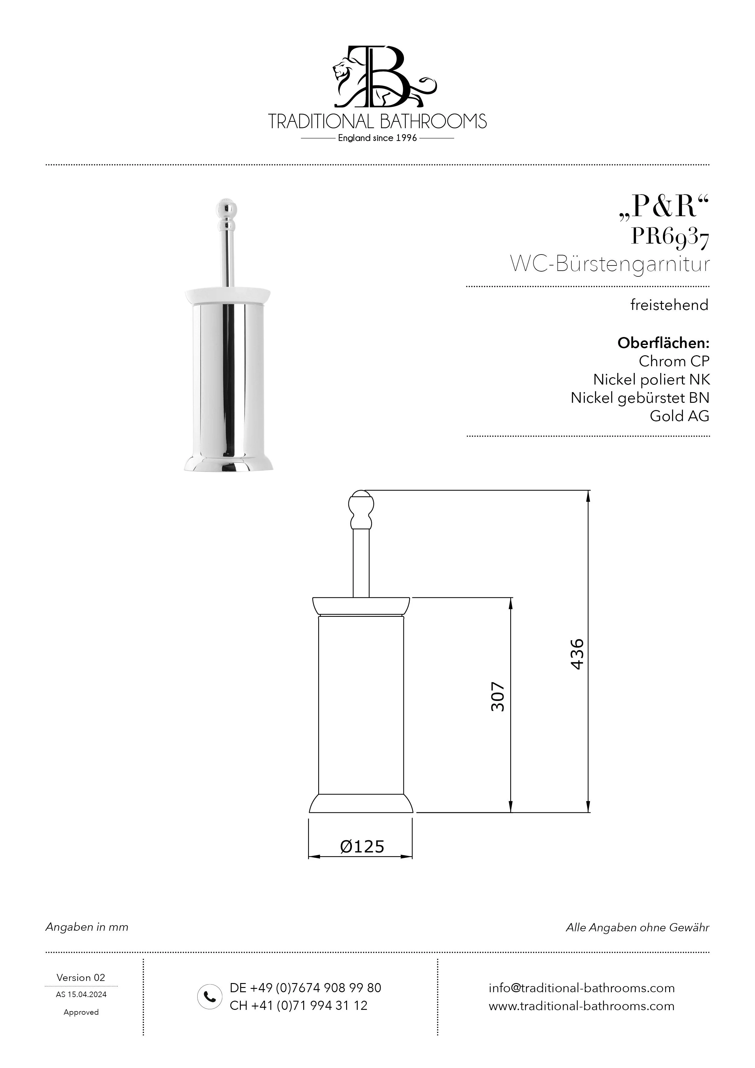 Technisches Datenblatt für Perrin & Rowe PR6937 WC-Bürstengarnitur mit Halterung, freistehend.