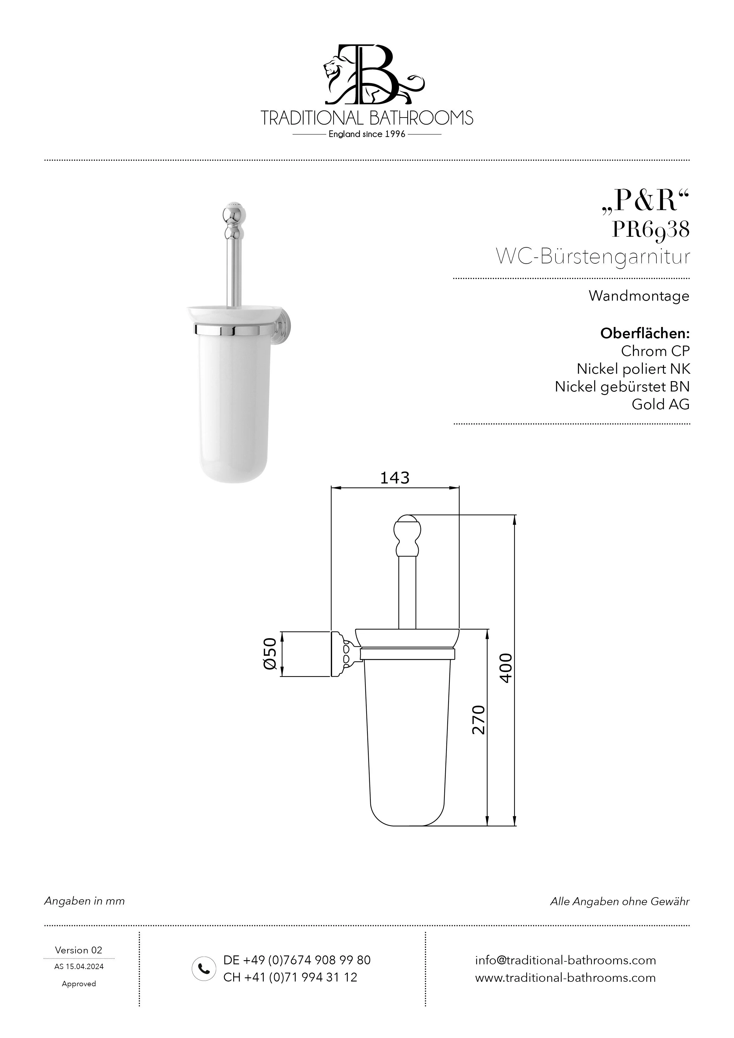 Technisches Datenblatt für Perrin & Rowe PR6938 WC-Bürstengarnitur mit Wandhalterung.