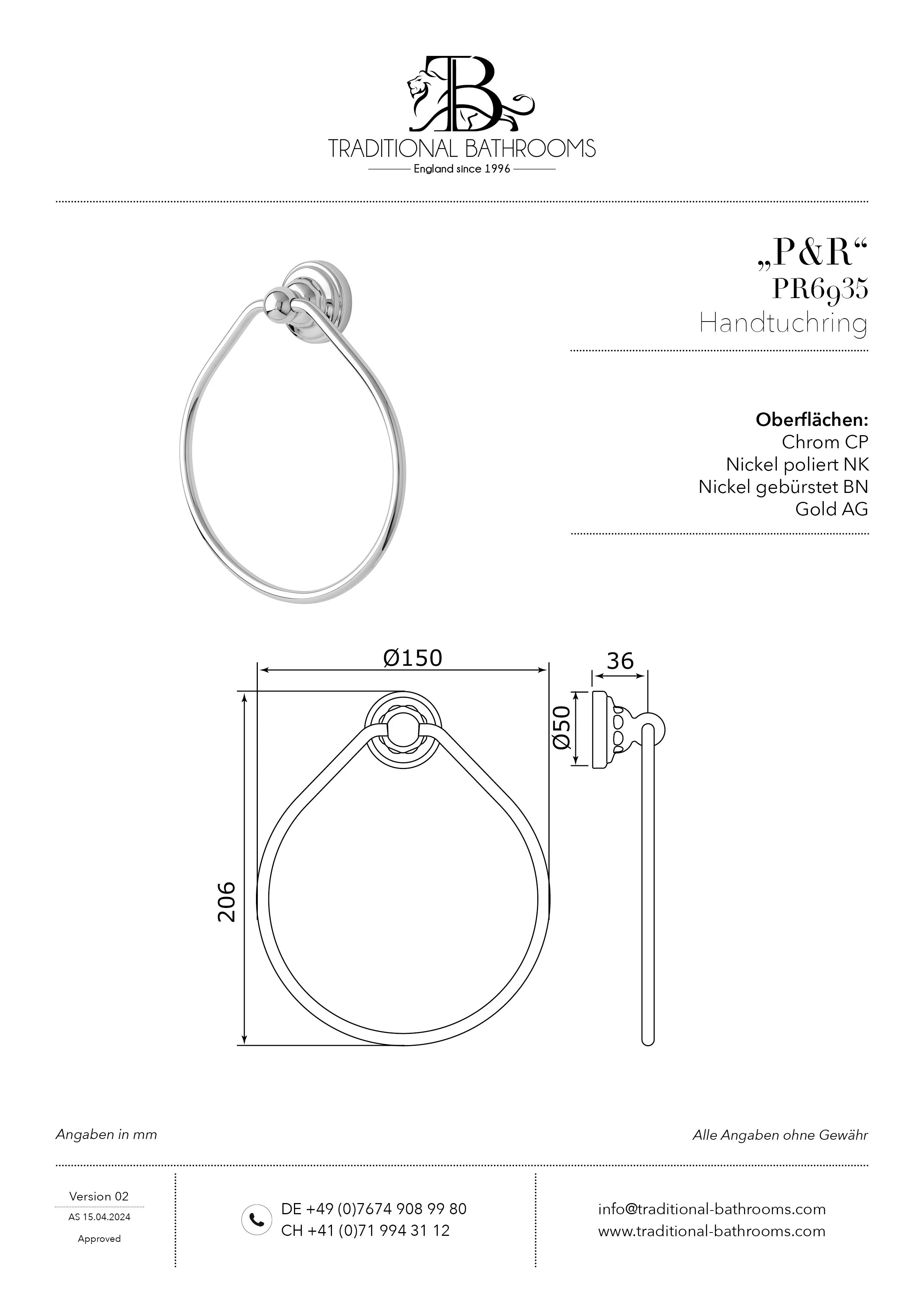Technisches Datenblatt für Perrin & Rowe PR6935 Handtuchring Ø 150mm.