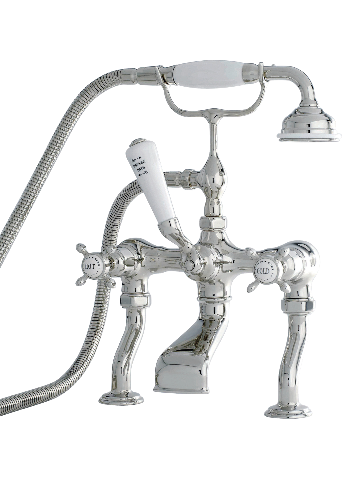 Perrin & Rowe PR3501/1 CROSSHEAD ¾“ Wannenfüll- und Brausearmatur mit Kreuzgriffen, Umschalter mit weissem Porzellanhebel, zur Wannenrandmontage.