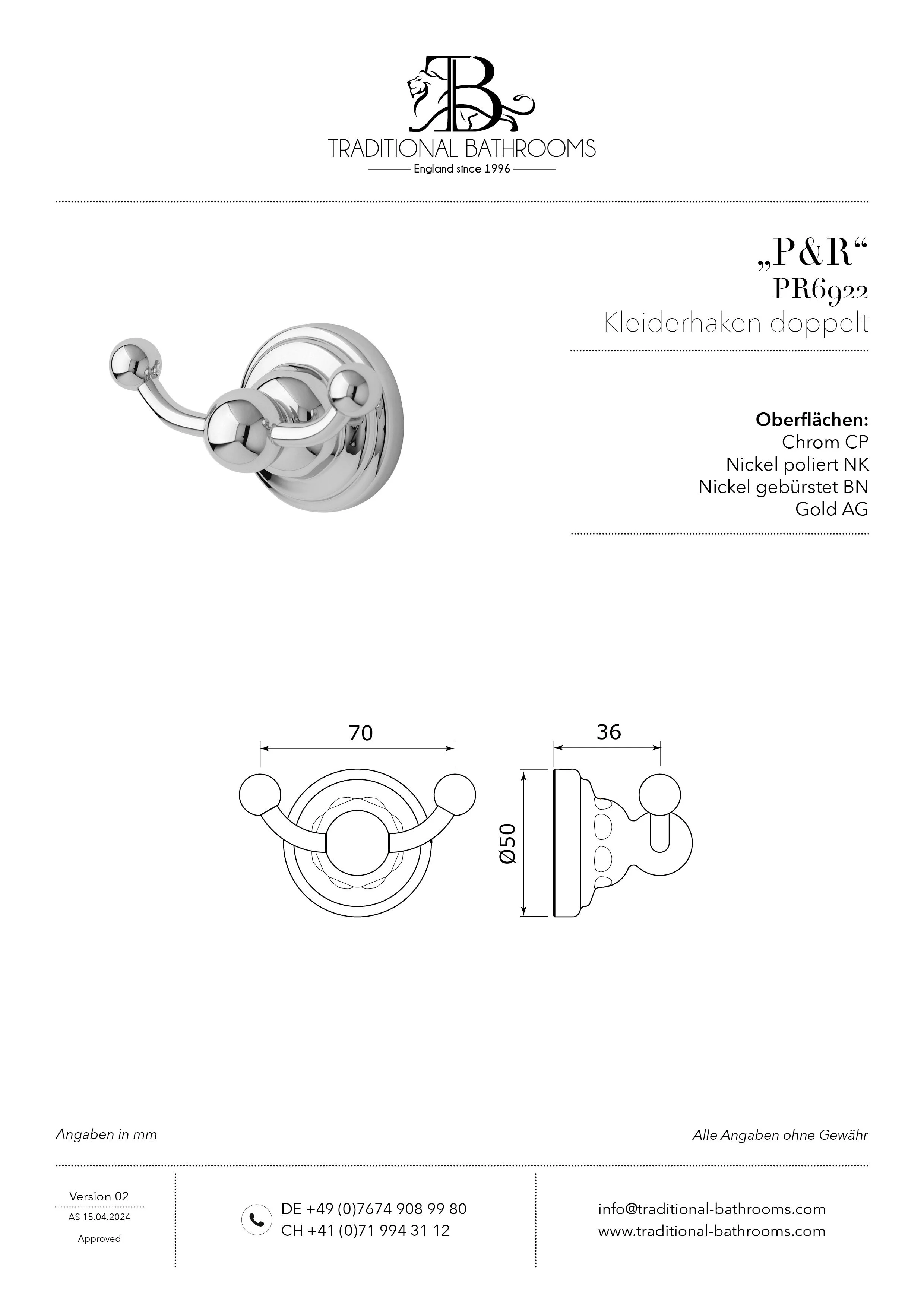 Technisches Datenblatt für Perrin & Rowe Kleiderhaken doppelt PR6922.