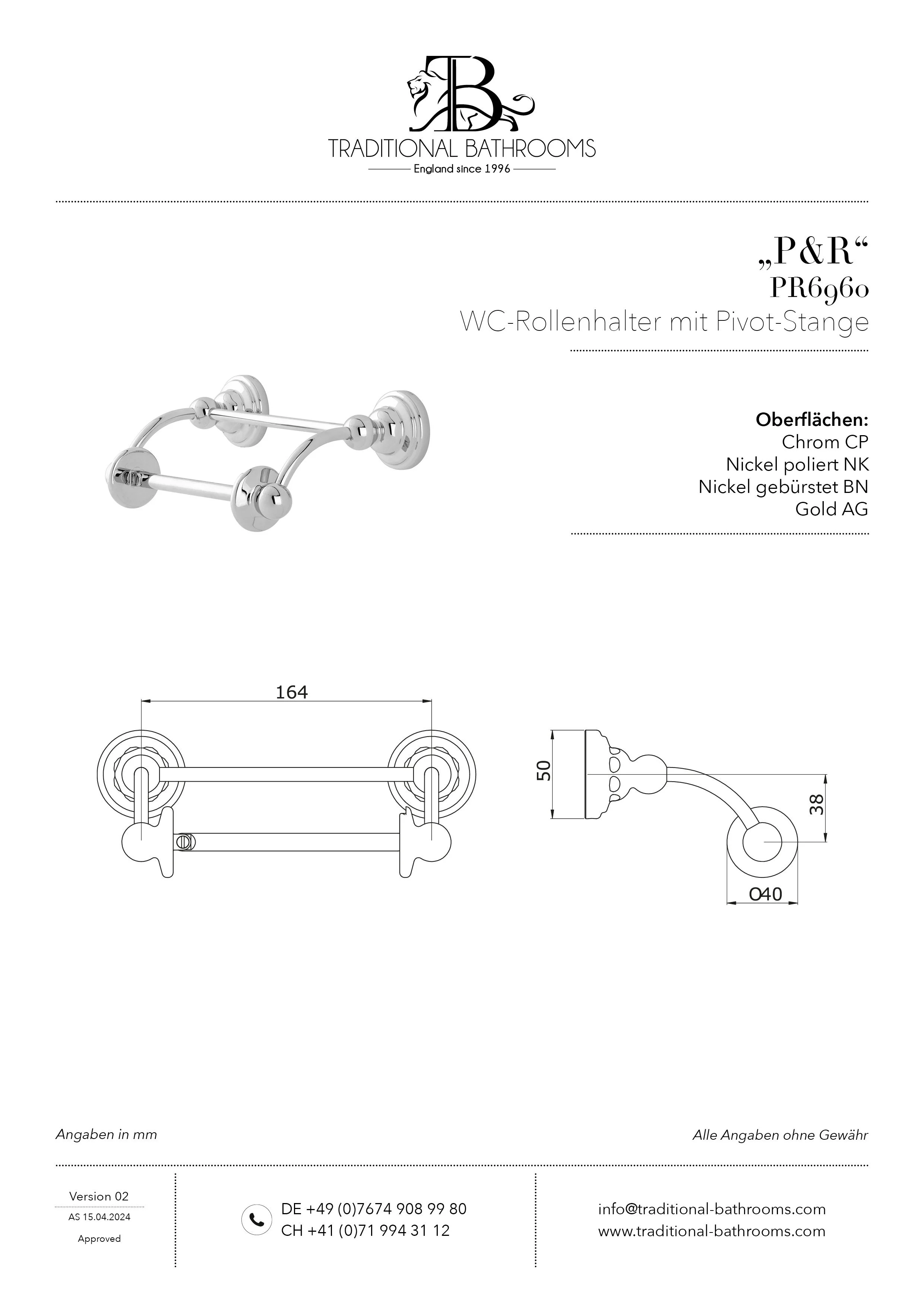 Technisches Datenblatt für Perrin & Rowe PR6960 WC-Rollenhalter mit PIVOT Stange (nach oben öffnend)