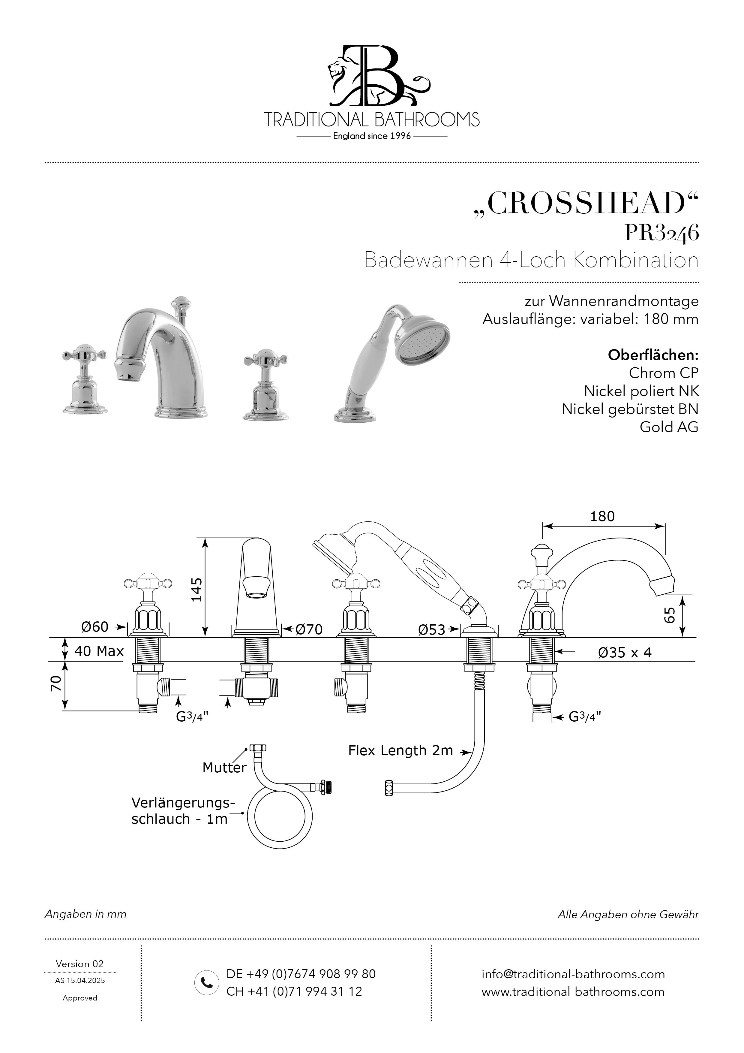 Technisches Datenblatt für Perrin & Rowe PR3246 CROSSHEAD ¾“ Badewannen 4-Loch Kombination mit Kreuzgriffen, zur Wannenrandmontage.