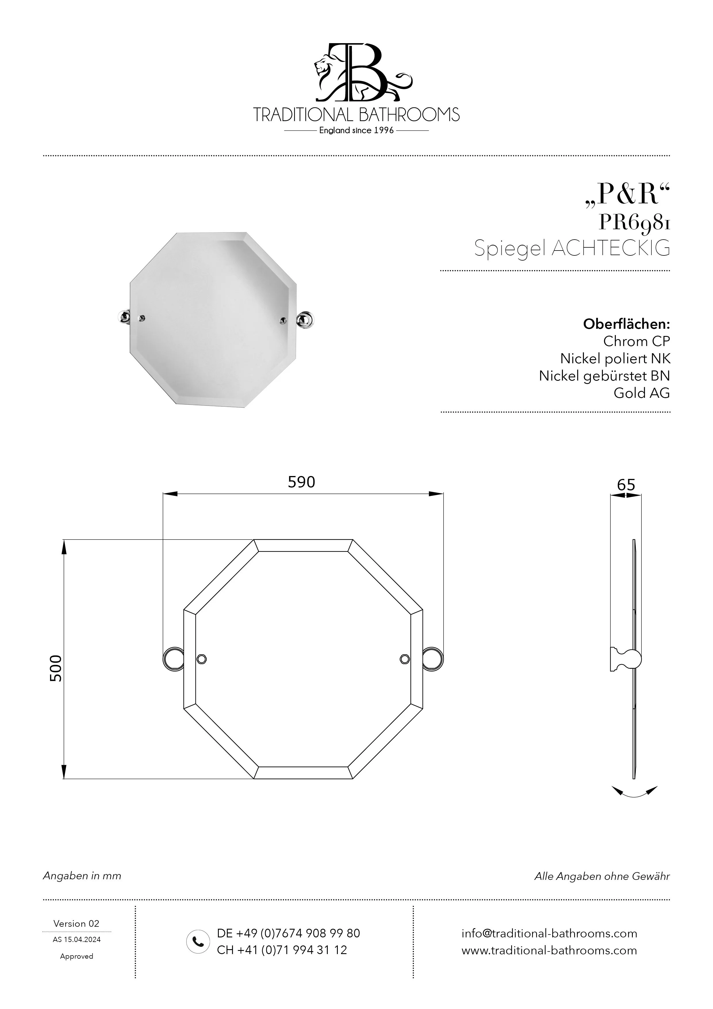 PR6981 Technisches Datenblatt Perrin & Rowe Spiegel ACHTECKIG mit Facettenschliff, Spiegelgrösse: H500 x B500mm Gesamtgrösse: H500 x B590mm, kippbare Wandhalterungen