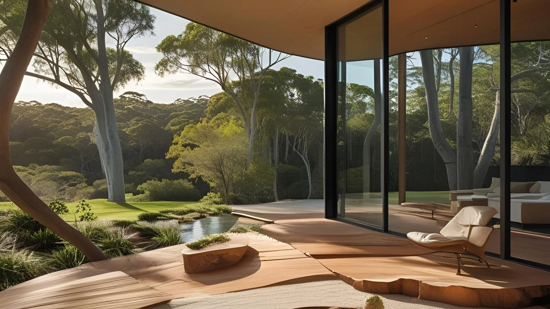 View of a modern interior room with floor-to-ceiling glass windows overlooking a lush green forest and trees outside, with a wooden deck and a lounge chair inside.