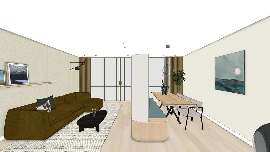 ONTWERP || Voor deze woning in Epe mocht ik het hele huis ontwerpen! 
Op de 3D-beelden zie je de begane grond; een maatwerk keuken en in de woonkamer een kast wat een soort van scheiding maakt van eet- en woonkamer. Opbergruimte, tv-kast en een zit g