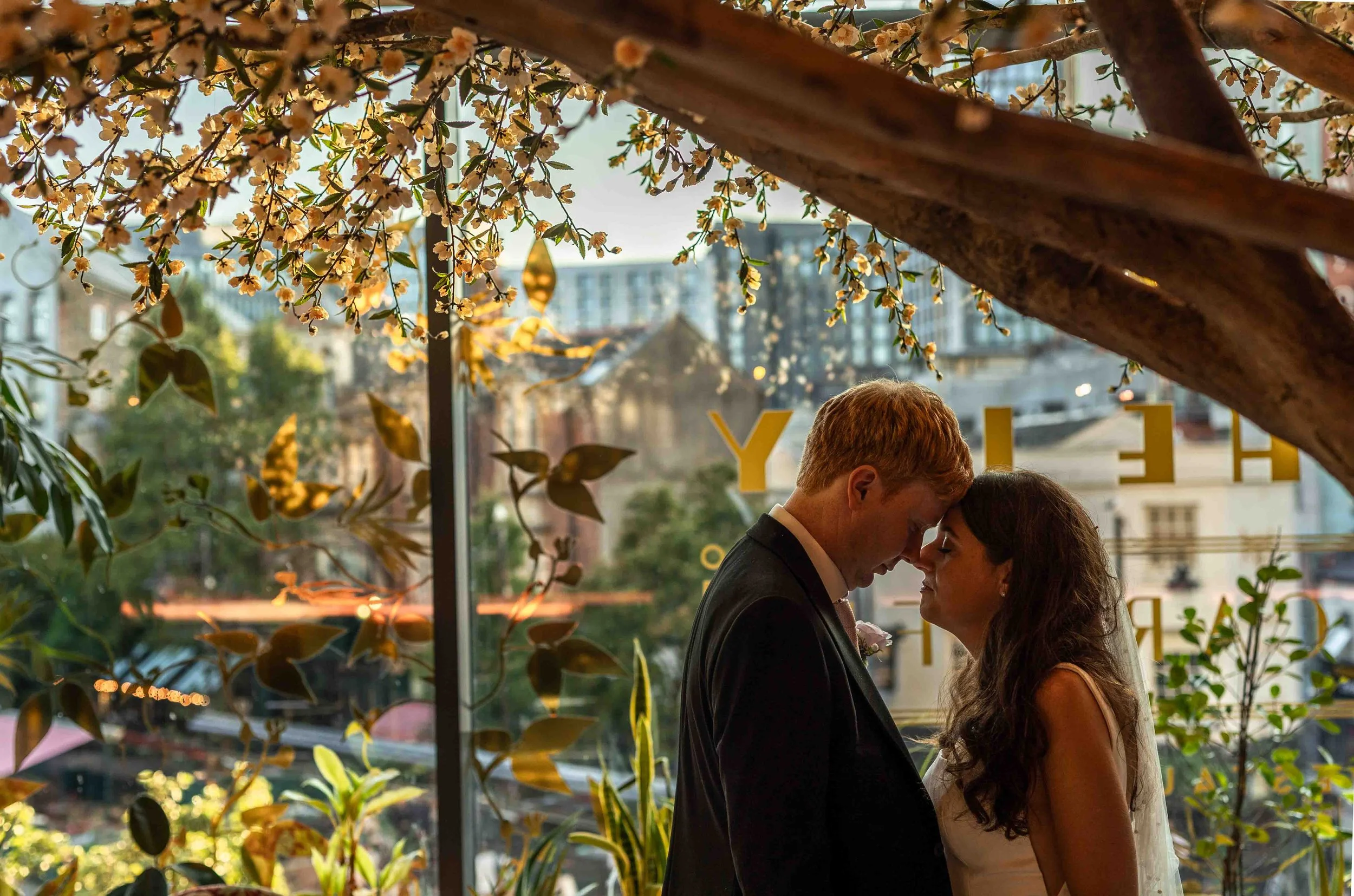 A couple is kissing in a cozy indoor setting with large windows. There are blooming branches hanging from the ceiling and various green plants inside the room. The scene indicates a romantic moment, possibly at a restaurant or cafe.