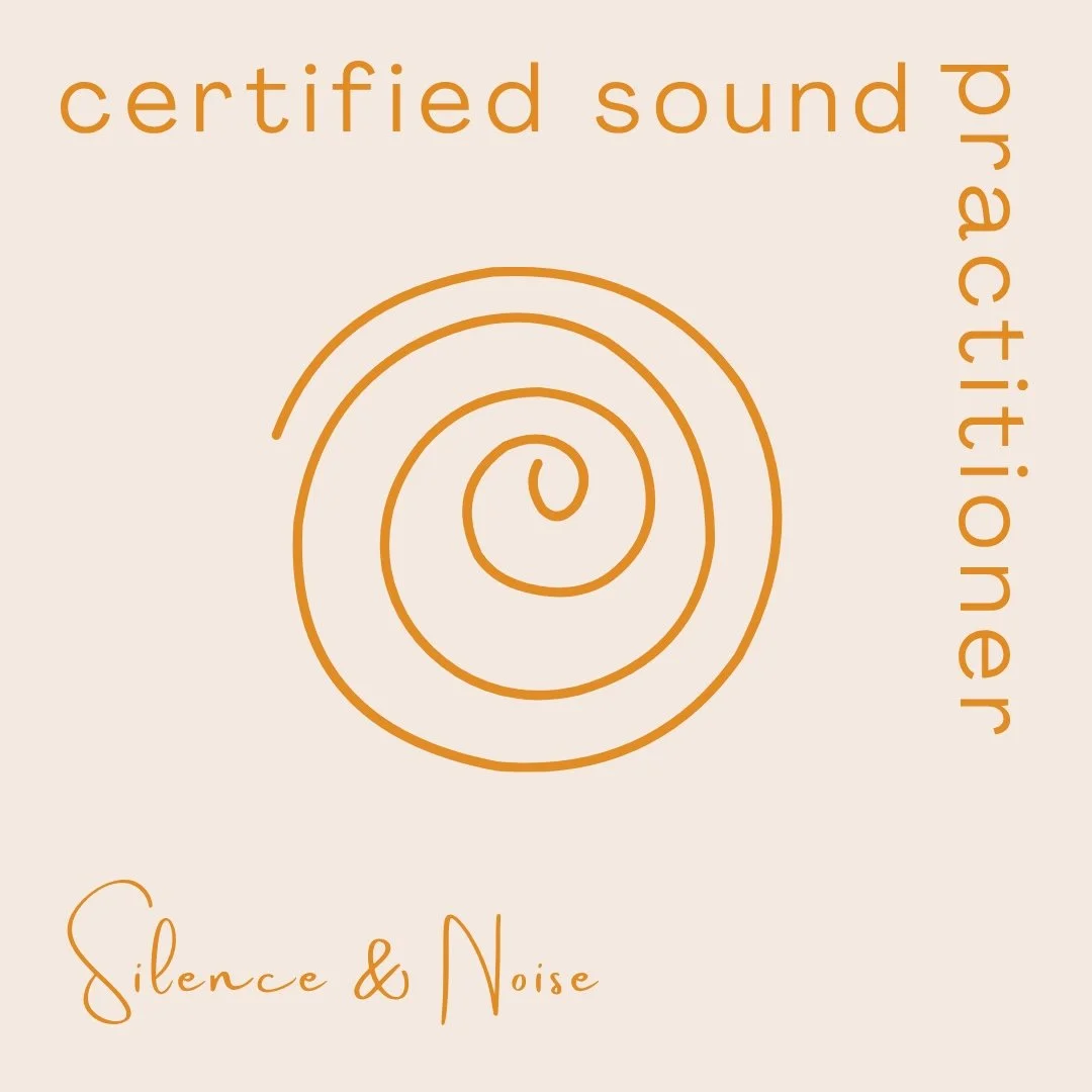 Branding image for 'Silence & Noise' featuring a spiral sound wave icon and text indicating 'certified sound practitioner' in orange on a beige background.