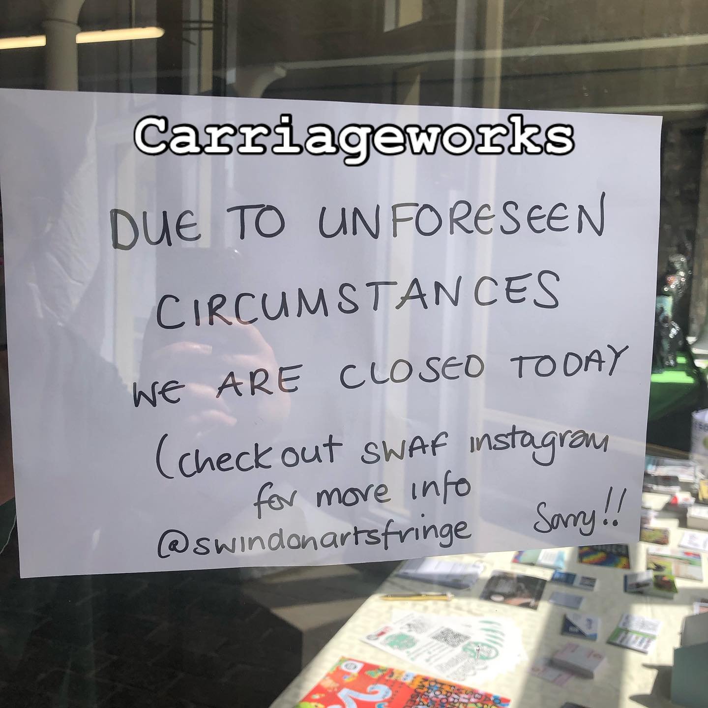 Due to unforeseen circumstances Carriage works Swindon Arts Fringe exhibitions will be shut today. We&rsquo;ll update soon.