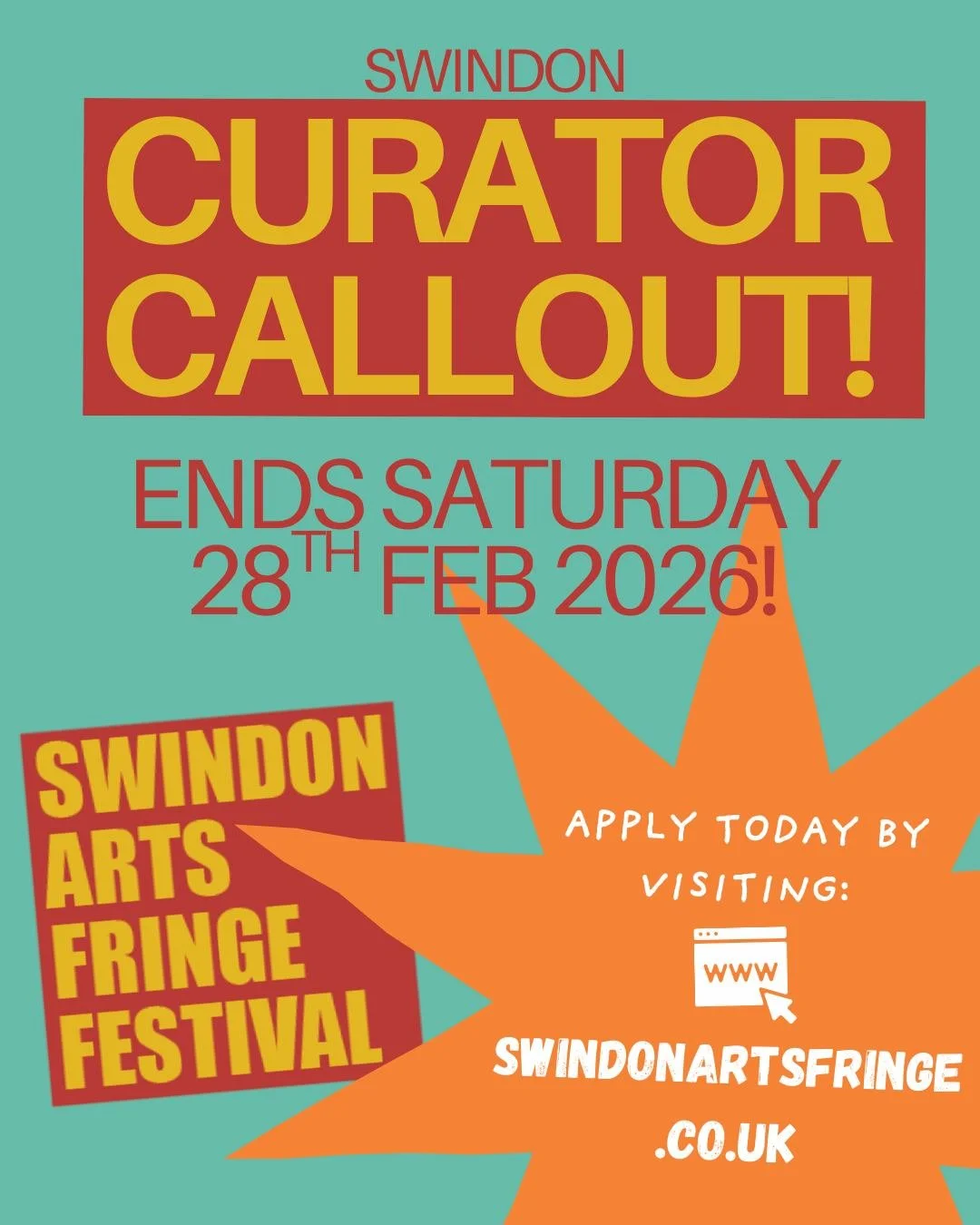 You&rsquo;ve only got today and tomorrow to complete a curator application for SWAF 2026!

🎨 Here is what you need to do to apply! 🎨

Head over to the SwindonArtsFringe website and submit a "SWAF 2026 - CURATOR CALL OUT FORM" 
It's that s