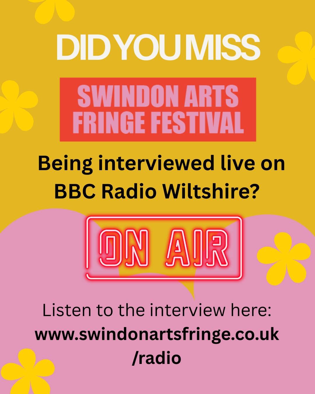 Did you miss our interview on the radio the other day? Not to worry! Its still available to listen to on BBC sounds or on our website. Just head over to Swindonartsfringe.co.uk/radio to listen to the whole clip! 

🎨 Today is also your last day to ap