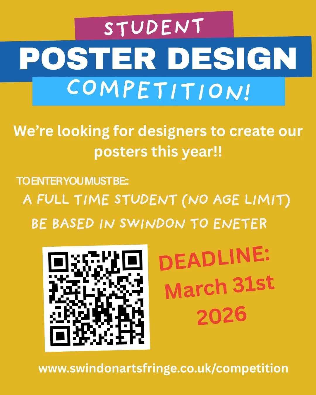 A friendly reminder that we have a brilliant opportunity for all students interested in design! 
Make us an awesome poster and be up for a chance to have your design posted all over Swindon!
For all information, please head to our website, linked in 