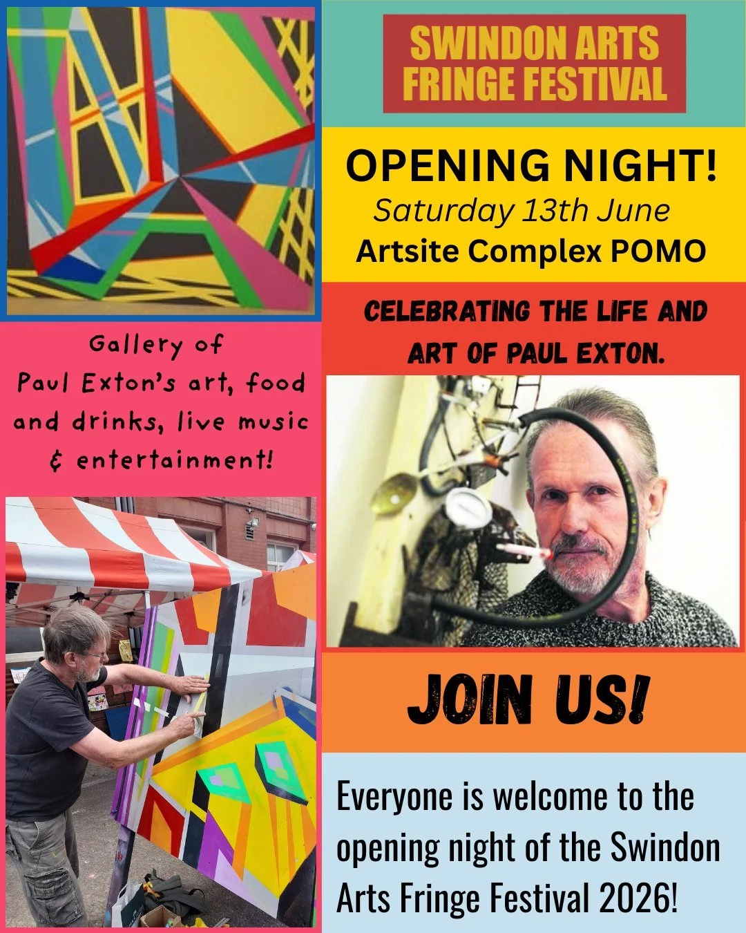 We&rsquo;re delighted to invite you to the Swindon Arts Fringe Festival opening night!

Where: Artsite complex, PostModern building, 
When: Saturday 13th June, 7:00pm 

We&rsquo;ll be celebrating the artworks and life of one of our late Artsite membe