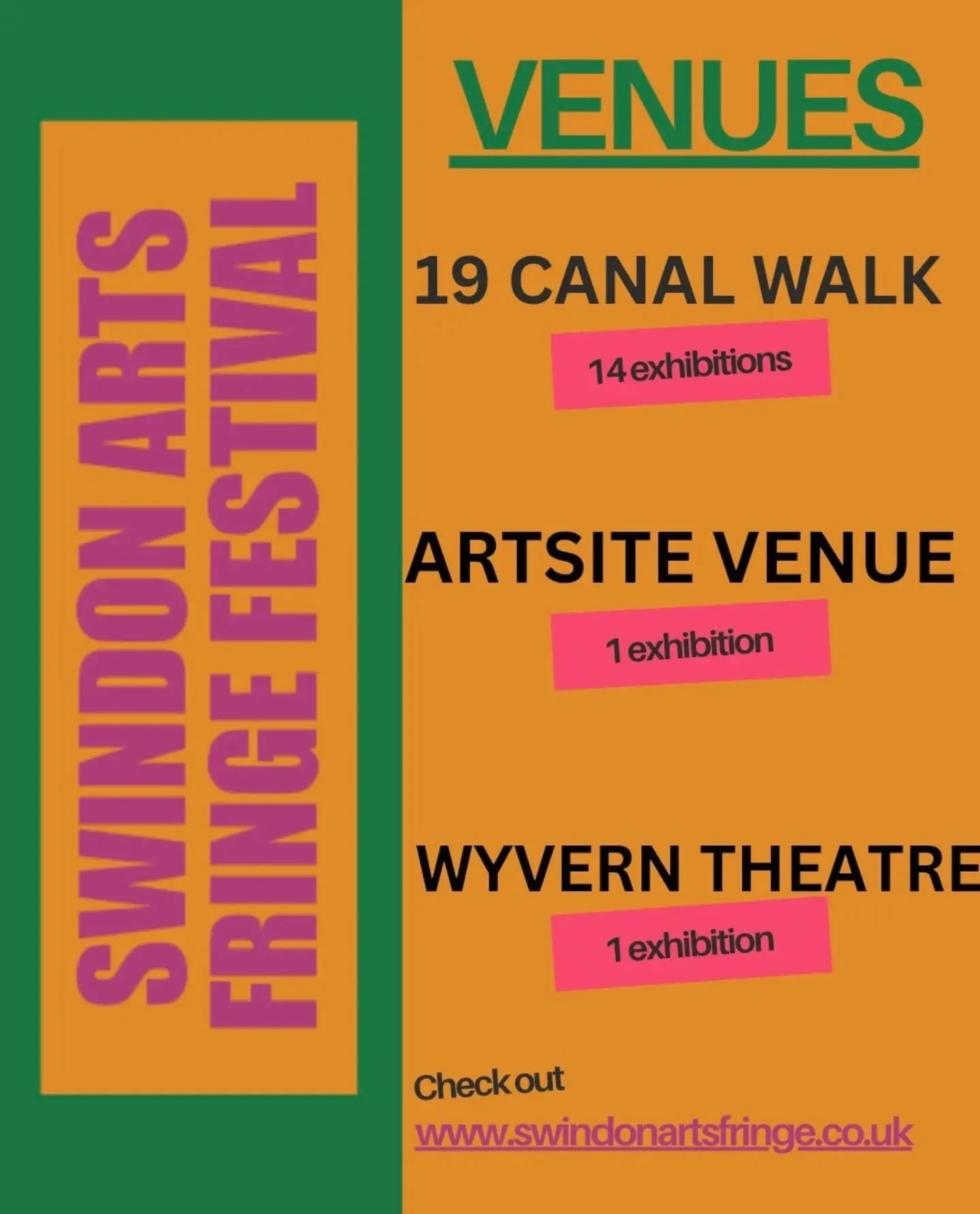 We are very excited to share the venue locations of the 2026 Swindon Arts Fringe Festival! 

19 Canal walk (Old Argos building)  is hosting 14 fabulous exhibitions 

Wyvern Theatre is hosting 1 exhibition 

Artsite venue is also hosting 1 exhibition 