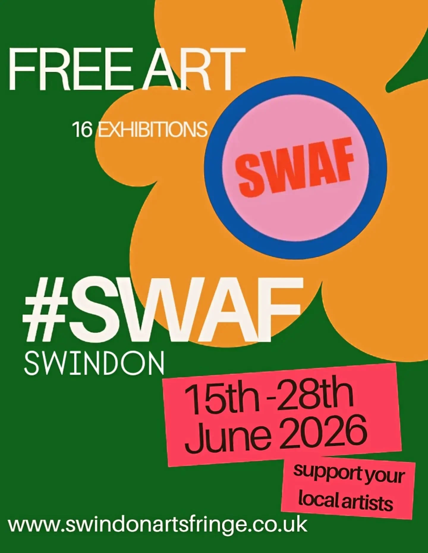 #SWAF

S W I N D O N  A R T S  F R I N G E  F E S T 

1 5 &ndash; 2 8 J U N E 

200+ artists.
3 venues. 
2 weeks of pure creativity.

Workshops, interactive art and every medium imaginable across the town centre. 

Come and  explore, create,  get ins