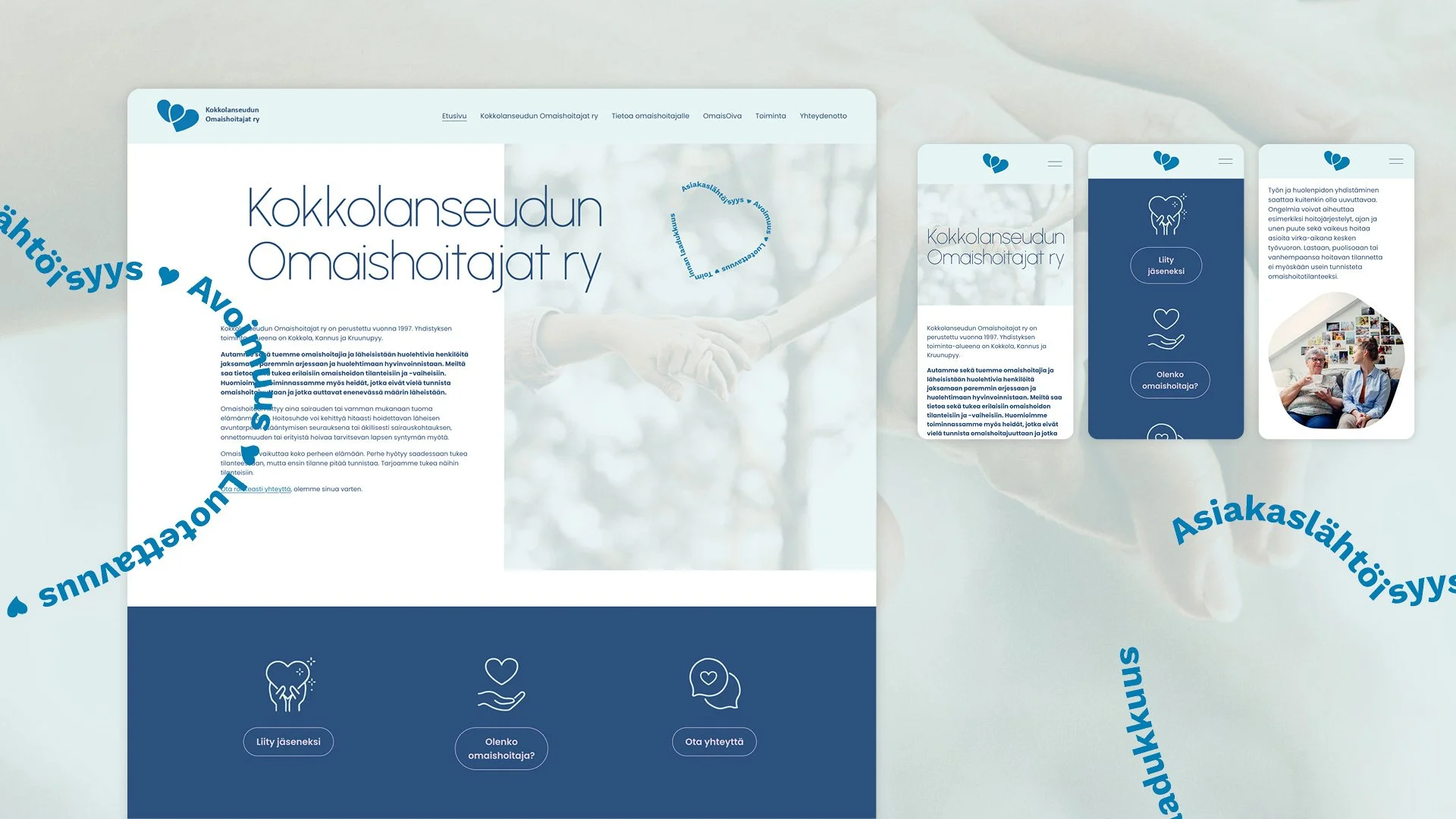 Omaishoitoyhdistyksen nettisivut desktopilla ja mobiilissa