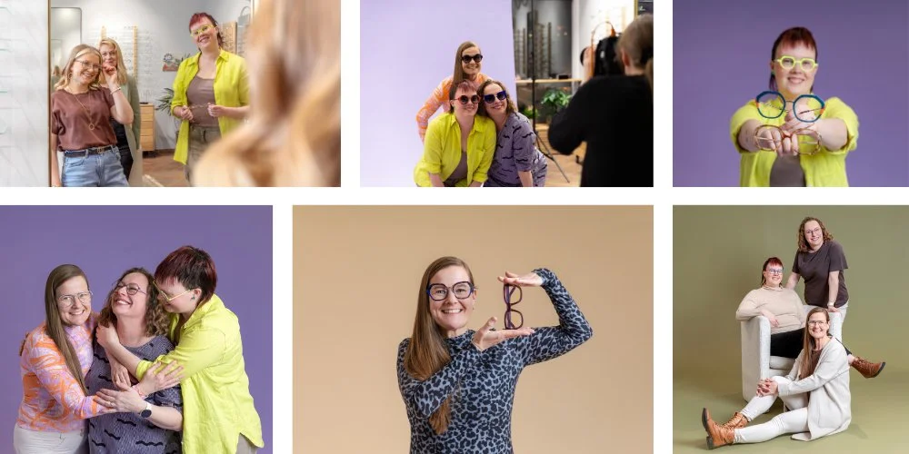 Optikkoliikkeen mainoskuvauksista iloisia ja värikkäitä otoksia.