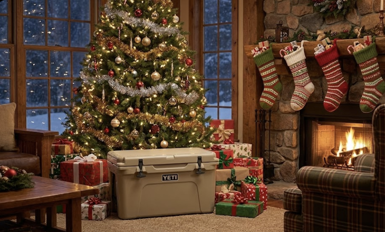 A warm, dimly lit living room scene featuring a Christmas tree with a rugged Yeti cooler placed beneath it alongside wrapped gifts. The fireplace mantel is lined with heavy, gear-packed stockings, and the room is glowing with soft, moody firelight.