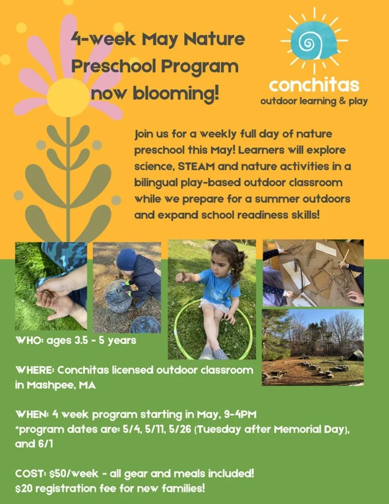 New 4-week program in bloom, just for preschoolers!

Join us for a weekly full day of nature preschool this May! Learners will explore science, STEAM and nature activities in a bilingual play-based outdoor classroom while we prepare for a summer outd