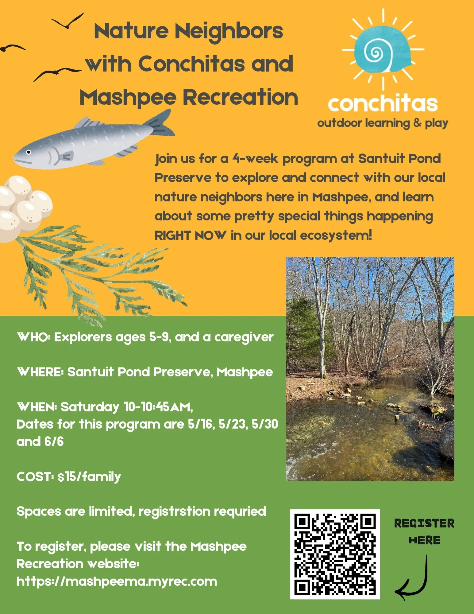 We're so excited about our Nature Neighbors program with Mashpee Recreation! Join us starting this Saturday 5/16 for a 4-week program to explore and connect with some Mashpee nature neighbors! Ages 5-9 with a caregiver, siblings welcome! Spaces are l
