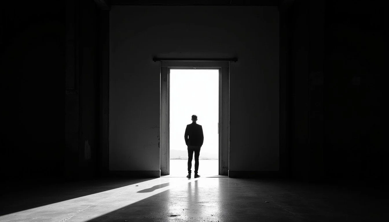 A person standing in a doorway with bright light outside, casting long shadows on the floor.