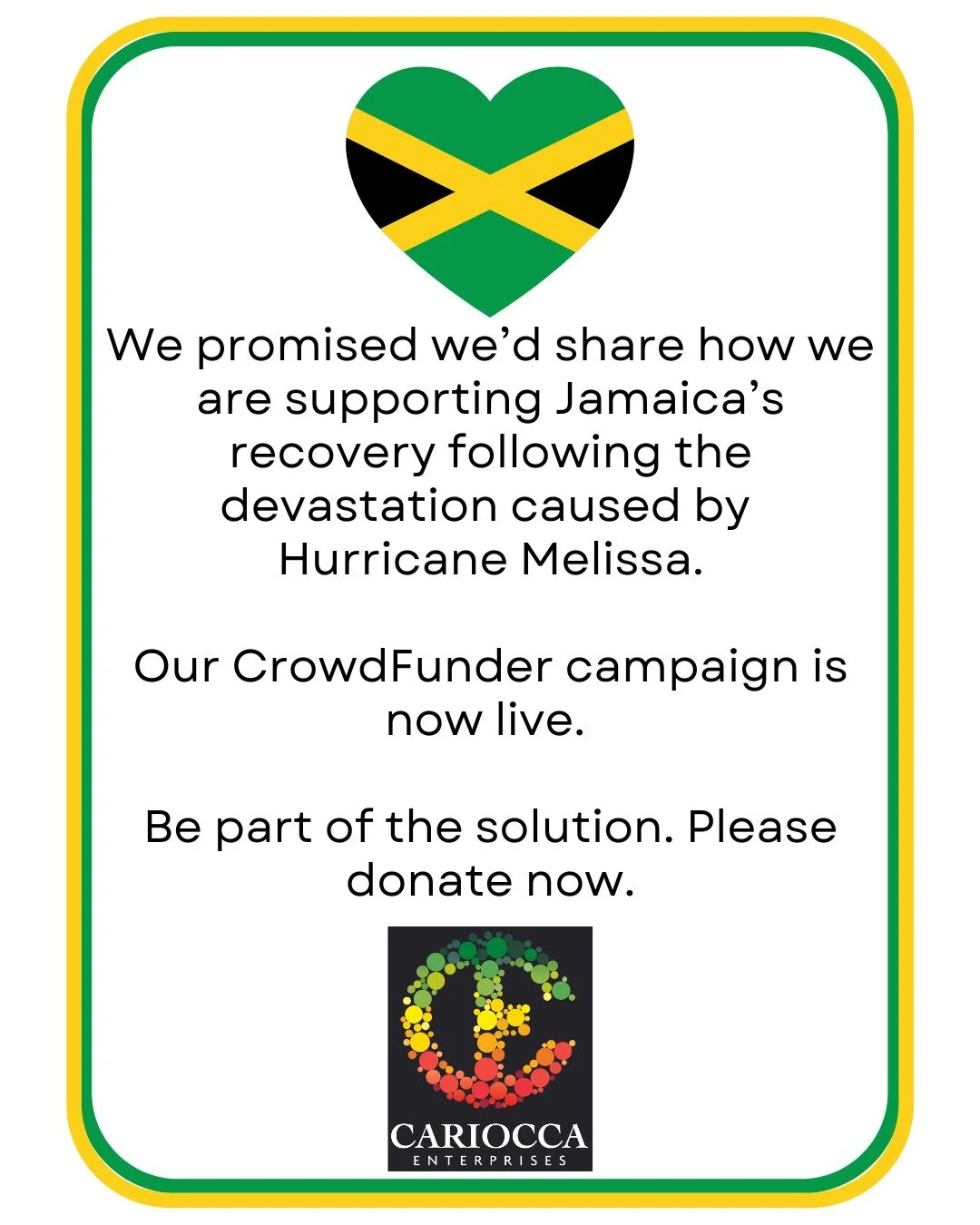 Please support this vital cause to help Jamaica's recovery from the devastation of Hurricane Melissa. Our @crowdfunderuk campaign is now live. Link is in our bio.