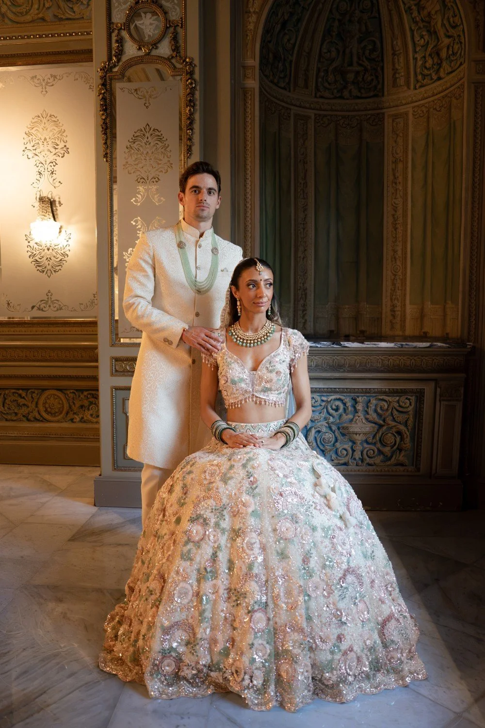 Multicultural couple celebrating their Indian and Welsh heritage at a Barcelona wedding