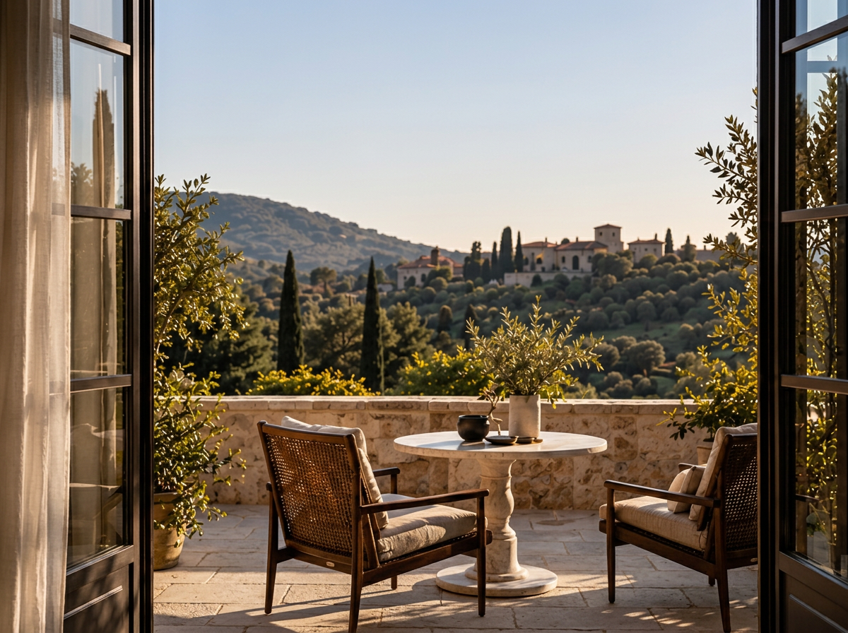 View from an open balcony door showing a stone table with two chairs, potted plants, and a scenic landscape with rolling hills, trees, and buildings in the distance.