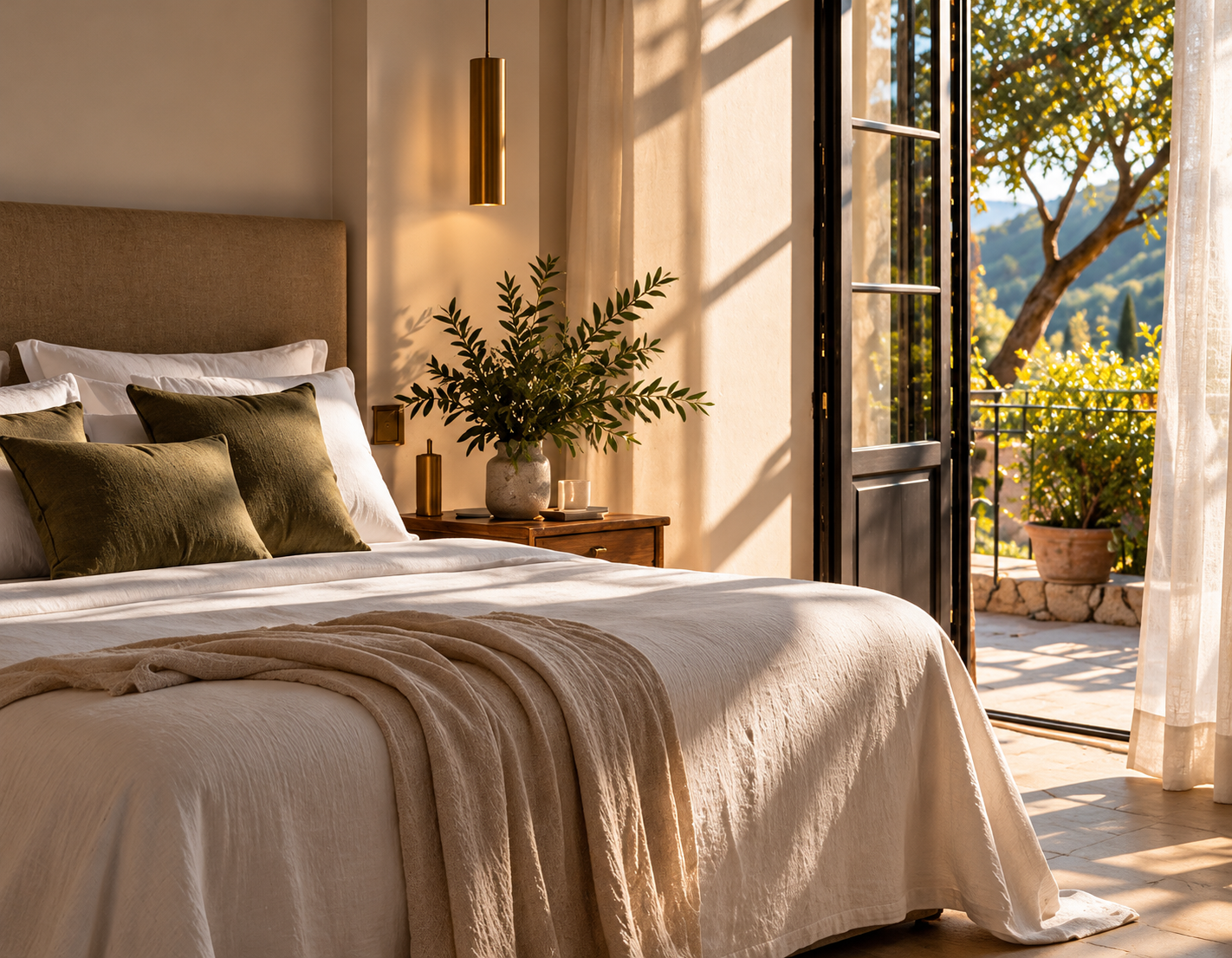 Sunlit bedroom with a bed, green pillows, a bedside table with a plant and decor, open balcony door showing mountains and trees outside.
