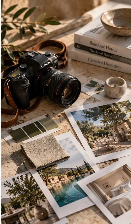 A Canon camera with a leather strap on a textured surface next to travel books, a small ceramic bowl, a piece of fabric, and printed photographs of outdoor landscapes and architecture.