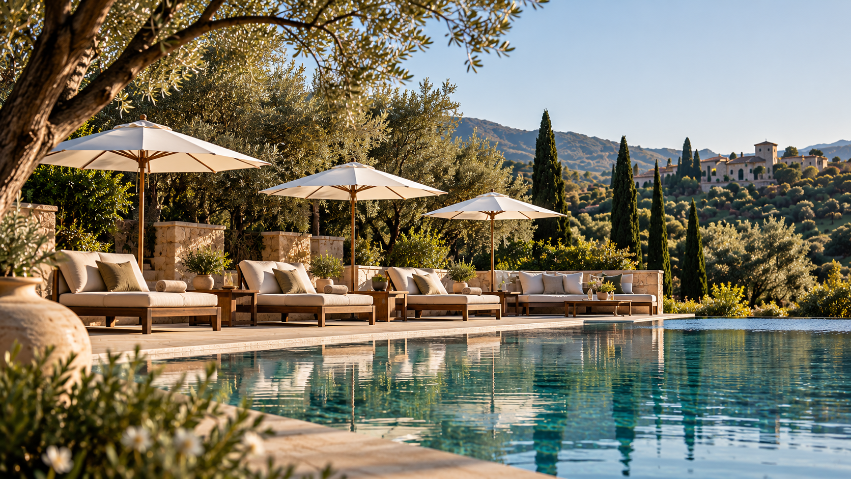 A luxurious outdoor swimming pool area with beige cushioned lounge chairs, white umbrellas, potted plants, and scenic mountainous background with trees and a distant building.