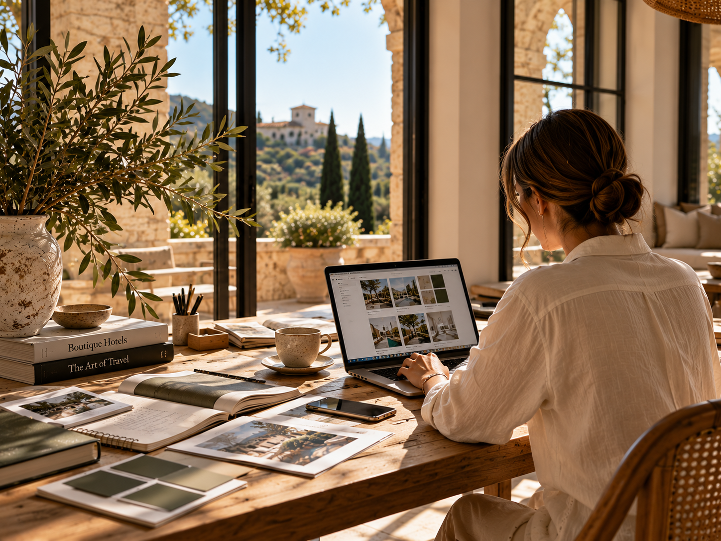 A woman sitting at a wooden desk with a laptop, books, and a cup of coffee, looking at photos of a house, with large windows showing a scenic outdoor view.