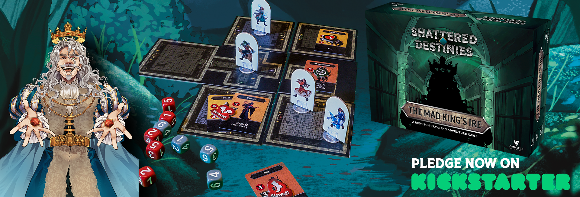 The Mad King's Ire board game laid out with tiles, dice, cards and player tokens. A picture of the board game box and an illustrated image of the Mad King flank it. Text reads "Pledge now on Kickstarter"