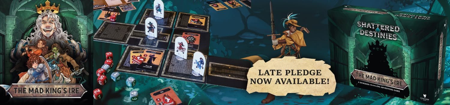 The Mad King's Ire Late Pledge Now Available. Image includes a picture of the dungeon-building board game, the cover artwork of fantasy heroes and a king and the board game box.