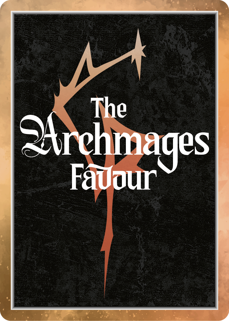 Book cover titled 'The Archmages Favour' with a black background, a stylized brown and beige arrow symbol, and a gold border.