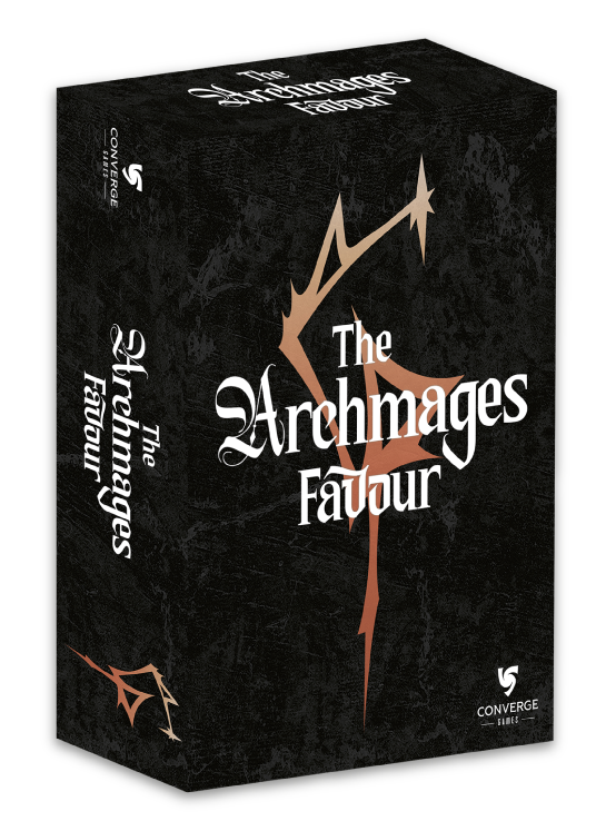 The Archmages Favour card game box by Converge Games, featuring a black background with a stylized glyph and gothic white text.